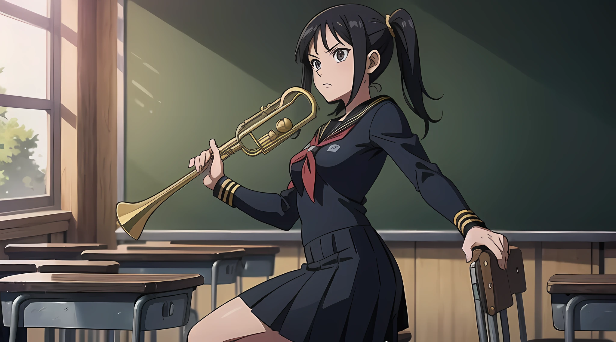  girl in Nico Robin one piece style,
(Black sailor suit,Long skirt),trumpet
School Classroom