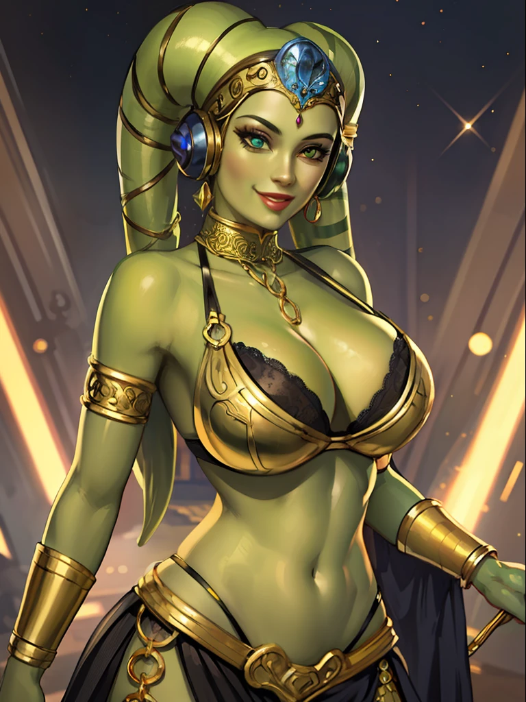 (best quality, masterpiece, highly detailed), 1girl, (green skin), sexy busty Twi'lek, large breasts, cleavage, smiling, gold and black bikini, gold, ornate metal bra, metal lace, gemstones, jewelry, long skirts, armlets, pelvic curtain, Star Wars, lekku stripes