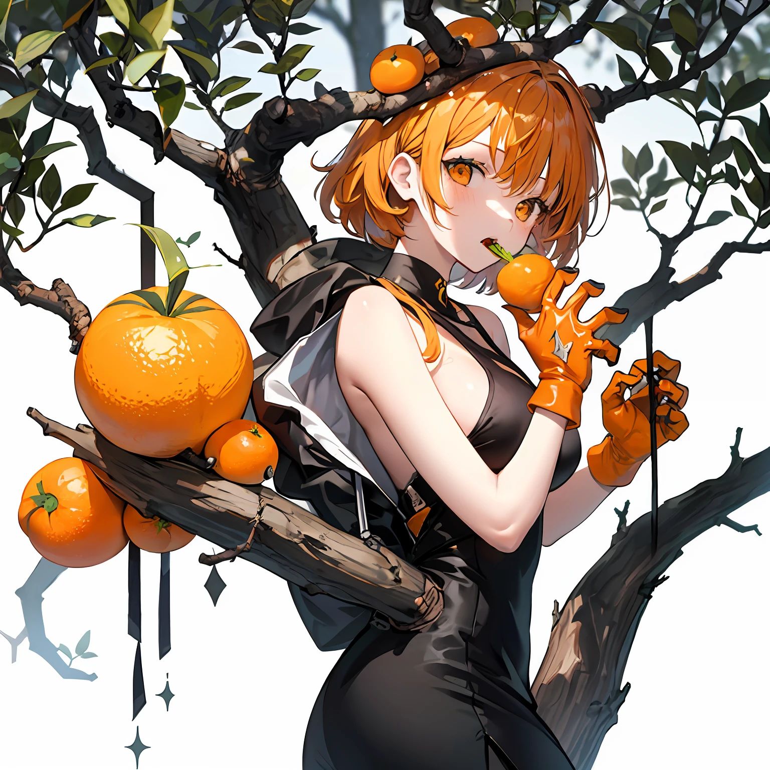orange tree,1girl,tree branch on head,wooden hands,branch,fractral,eat