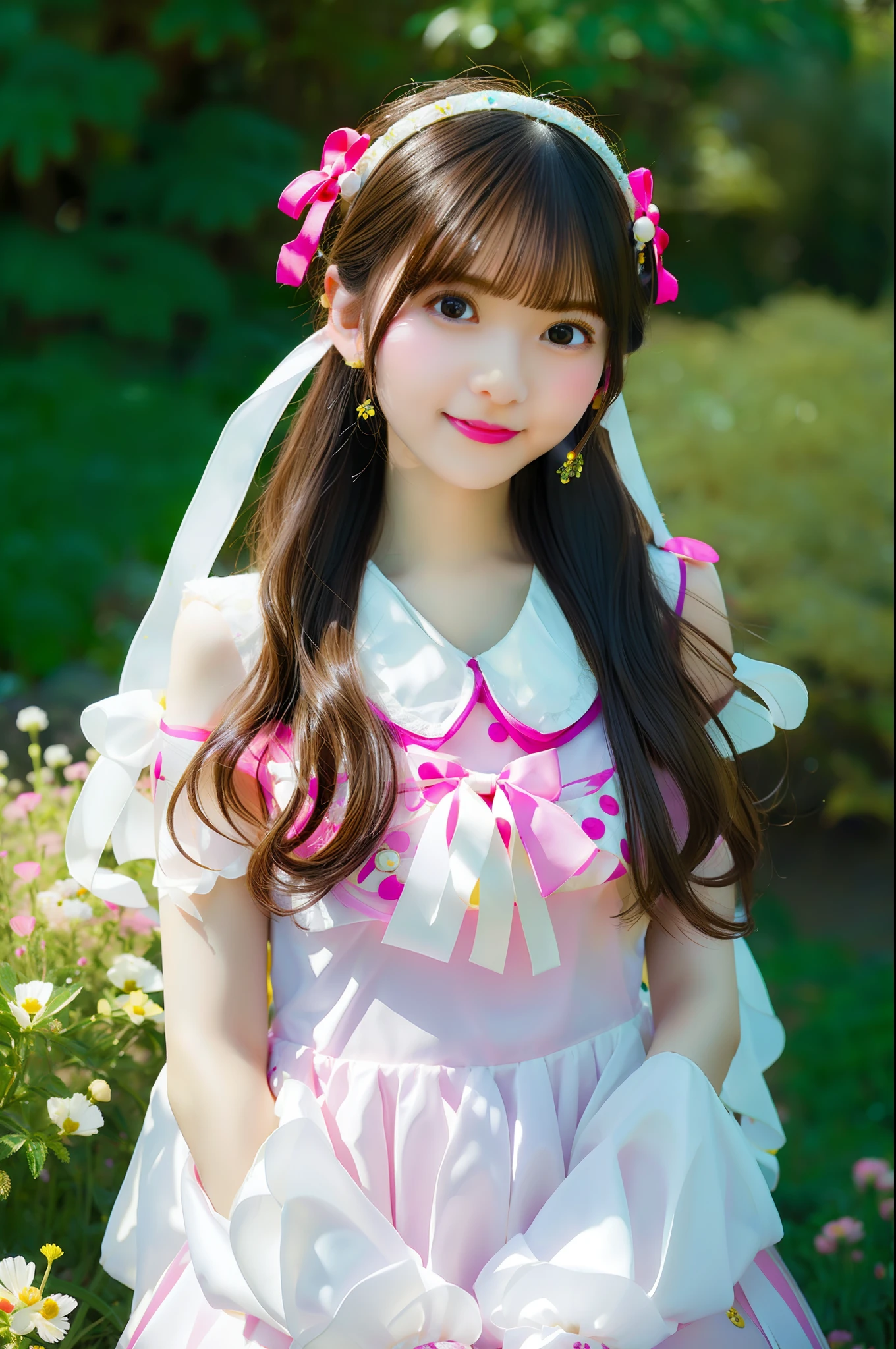 Extremely detailed face, Perfect lighting, Best quality, Photorealistic, Ultra detailed, Masterpiece,round hat with ribbon, Long white curly hair, Big yellow eyes, Cheerful expression, Curvy figure, Wearing a pink polka-dot dress, Sit among the wildflowers, 1girll,cropped shoulders，long leges，high-heels，Close-up of the ring on hand