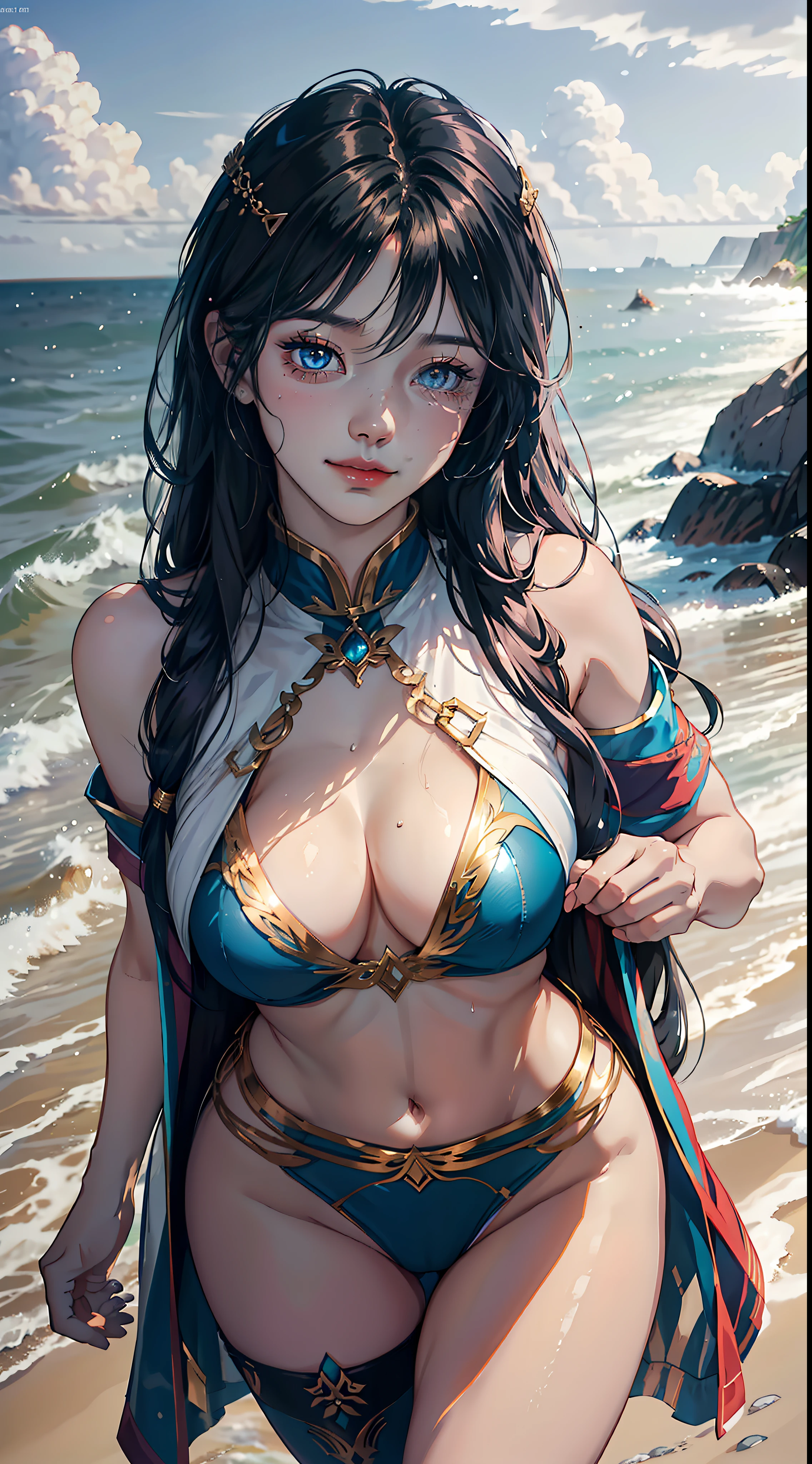 1female,35yo,Huge breasts, 独奏, ,Wearing a blue Arthurian uniform, Pornographic exposure,the ocean, She has long flowing black hair, Bare genitalia,Sateen,Bigchest, From the front side, Wet straight hair, Sweating profusely,mostly cloudy sky,(tmasterpiece),(Very detailed CG unity 8K wallpaper),best qualtiy,cinmatic lighting,detailed back ground,beatiful detailed eyes,Bright pupils,(Very fine and beautiful),(Beautiful and detailed eye description),ultra - detailed,facing at camera,A high resolution,ultra - detailed),Very long hair,standing on your feet,Emotive expressions,Smile,Chest sagging,nakeness, Expose the genitals,revealing breasts,Camel toes,with no underpants,extremely large bosom,Extremely colorful,Most detailed,fully body photo,The face is well lit