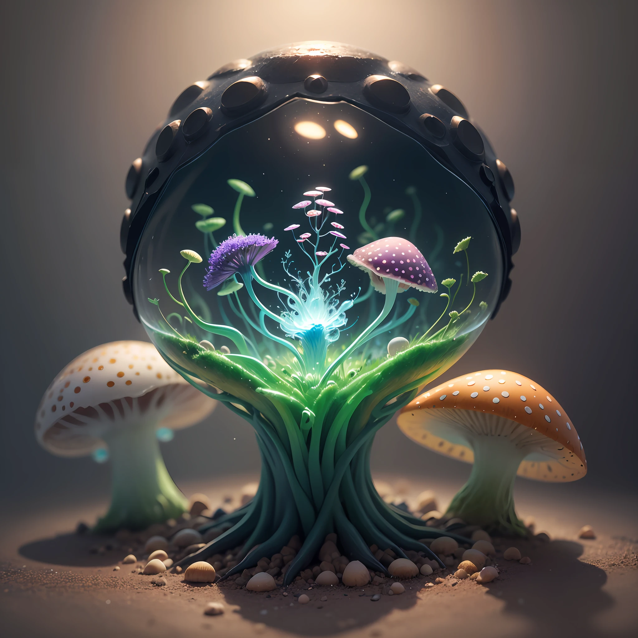 Generate images of creatures with humanoid body structures, But mainly composed of fungal elements. Its head resembles a big head, Dome-shaped crystal spring flower mushroom cap, fanciful, Colorful, Decorated with a luminous speckled pattern. Its arms are long, Flexible tendrils sprout from the shoulders, Able to be as vertical as a human hand. And not legs, It has a single, Thick, The stems are rooted in the ground. Its face is a small cluster, Bioluminescent spheres embedded in the bottom of the lid, Arranged in a way reminiscent of human facial features. photo-realism, ultra - detailed, 4K, A high resolution