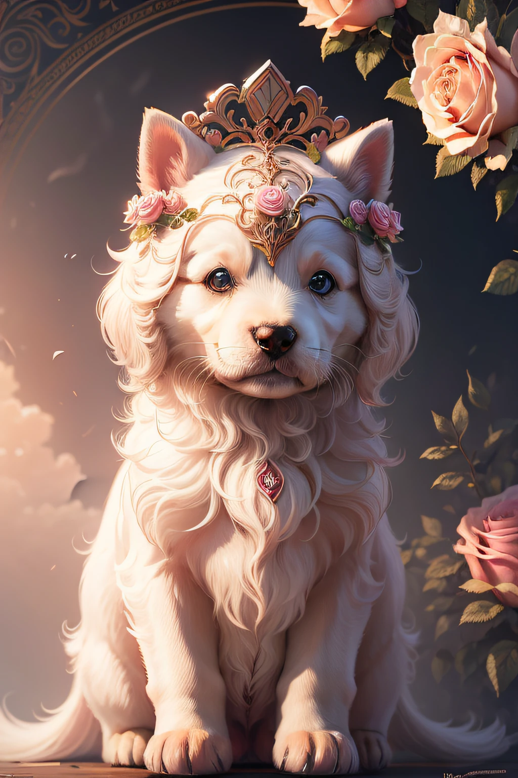 (Nesta arte ilustrativa CG ultra-detalhada e de melhor qualidade, An adorable puppy is surrounded by ethereal roses. alta resolução, Intricate details and a fantasy atmosphere enhance the beauty of beautiful animals.) pelo branquinho