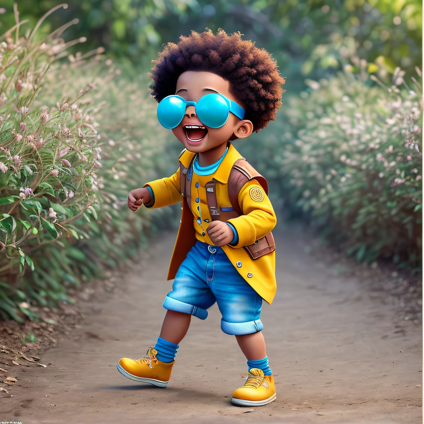 Engraçado Afro Boy Walking 3D Cartoon Sticker, olhos castanhos ((castanhos)) E  doces), child's smile, jovem bonito, (((singing and dancing))), sorriso bonito, Chibi, estilo Cristiano Ronaldo, Feliz, olhos grandes, olhos de peixe,usando oculos , afetos de alegria, felicidade, Estilo Pixar, solid color blue background, Cosplay como Bilbo Baggins Seaart Dreamsharp modelo  , vestindo  jardineira infantil jeans maculina ,Enis Branco