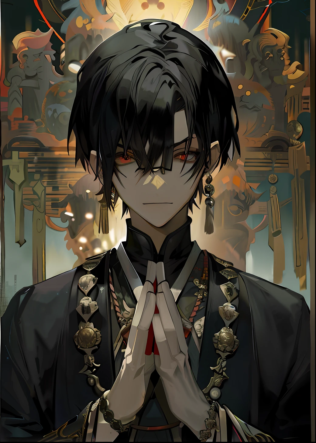 Anime character praying in front of a painting with black hair and glasses, handsome guy in demon killer art, handsome japanese demon boy, inspirado em Okumura Masanobu, Guviz-style artwork, Guviz, guweiz masterpiece, male anime character, shigenori soejima illustration, Keqing from Genshin Impact