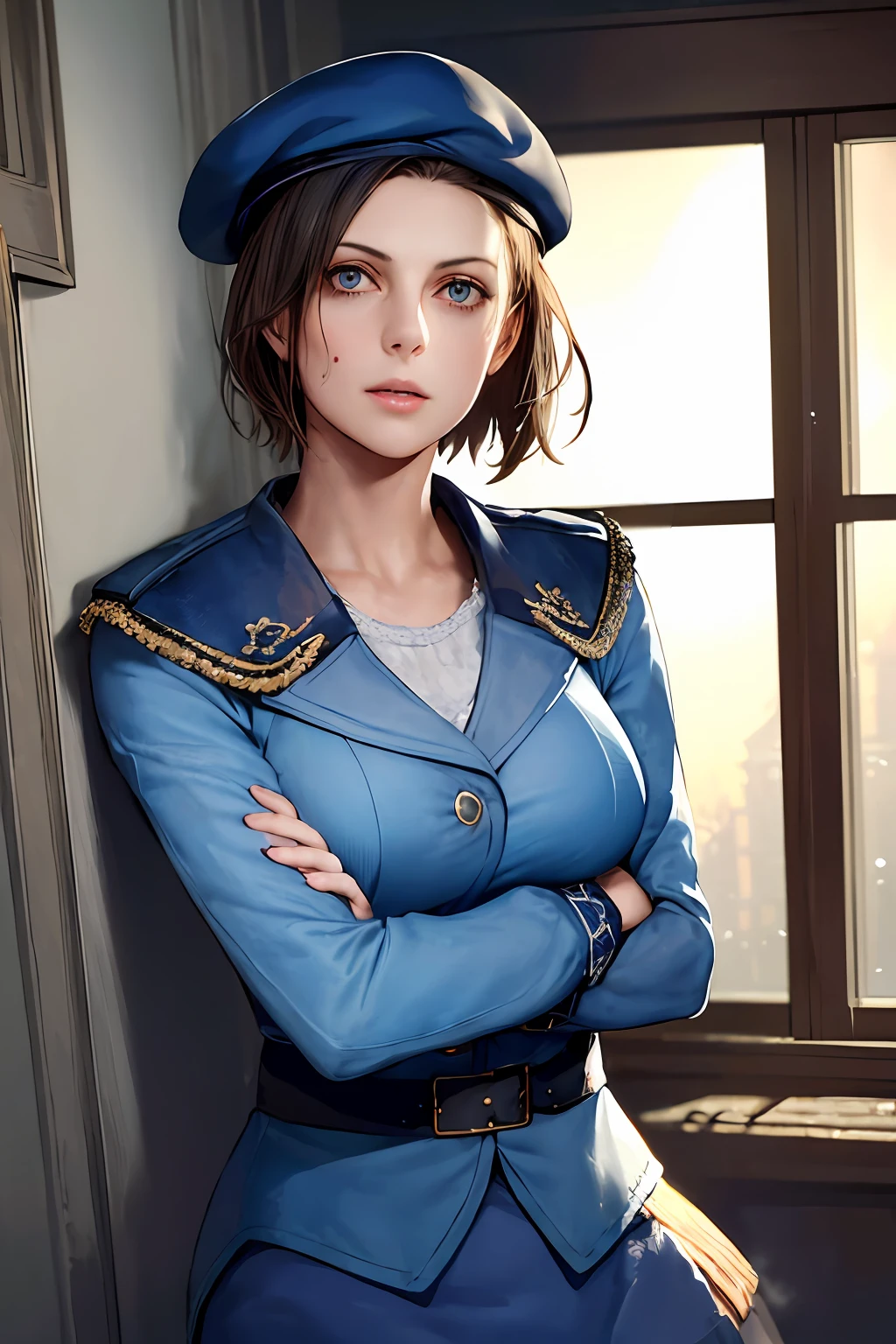 1girl, portrait of jillvoth, beret, shoulder pads, blue military uniform, shirt, (blood on face), scared, afraid, parted lips, old mansion indoors, window, lightning, thunder, volumetric lighting, best quality, masterpiece, intricate details, tonemapping, sharp focus, hyper detailed, trending on Artstation, realistic,