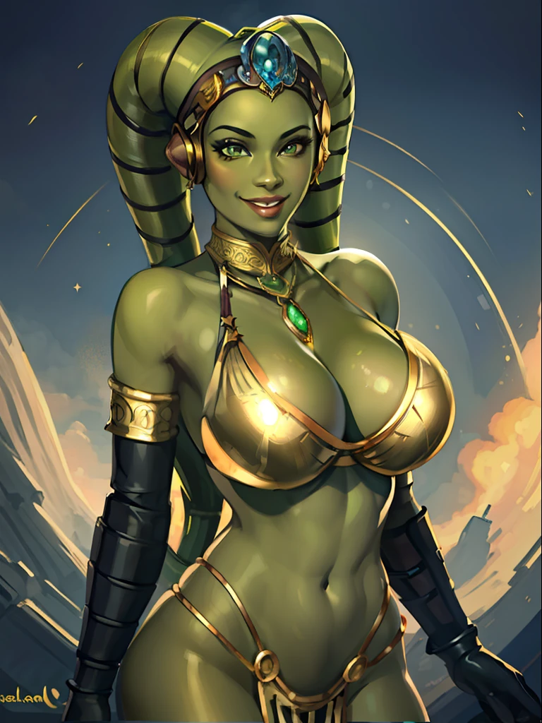 (best quality, masterpiece, highly detailed), 1girl, (green skin), sexy busty Twi'lek, huge breasts, cleavage, smiling, gold and black bikini, gold, ornate metal bra, metal lace, gemstones, jewelry, long skirts, armlets, pelvic curtain, Star Wars, lekku stripes