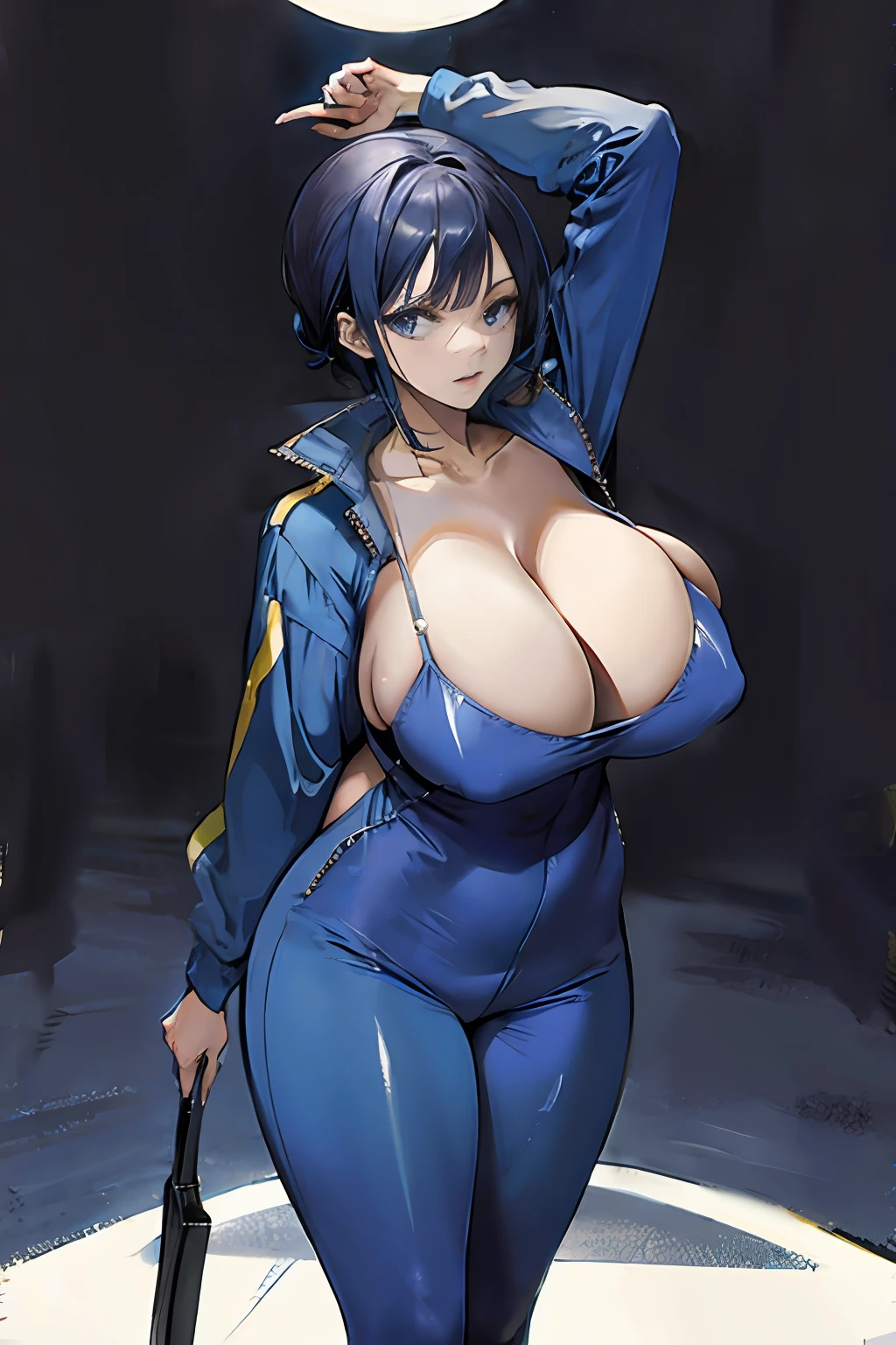 One-piece tights,blue jumpsuit,Standing on the ground,huge tit