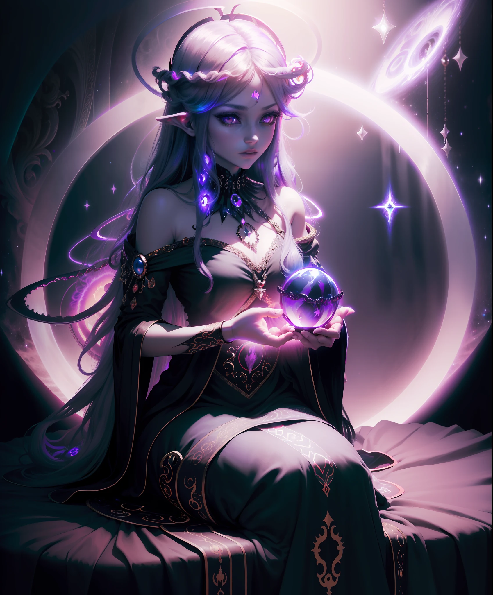 (masterpiece, best quality, ultra-detailed, best shadow),((dark fantasy, gothic art)),colorful,1girl,(evil cosmic deity),(ownership of darkness),looking at viewer,(completely scarlet eyes without a pupil:1.2),(very long scarlet hair:1.2),hair between eyes,((jewelry in long hair)),(in a luxurious dress),detached sleeves,(magic halo:2),high contrast,on the background of a deep cosmos,((in black and white tones with notes of red)),sitting on a scarlet blood sphere