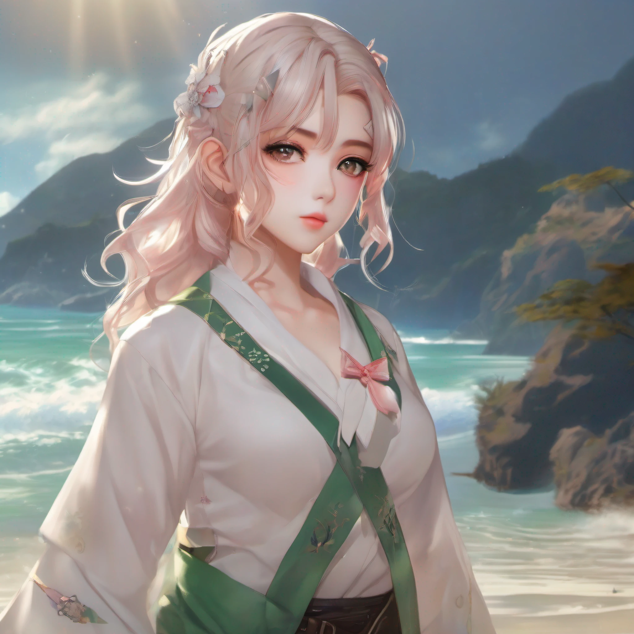 side ponytail, ((((nahida \(genshin impact\))))),multicolored hair,((hair between eyes)),white hair,green hair,green eyes,((flat chest)),(photorealistic:1.4),(masterpiece:1.4),(best quality:1.4),1girl,ultra high res,((detailed facial features)),((full body)), small hands,Kpop idol,aegyo sal,(ulzzang-6500-v1.10.66),((cross-shaped pupils)),looking at viewer, (((pointy ears))),(sunlight),(beach:1.31)(water:1.41),standing on one leg, from side,((flat chest)),symmery face,between legs