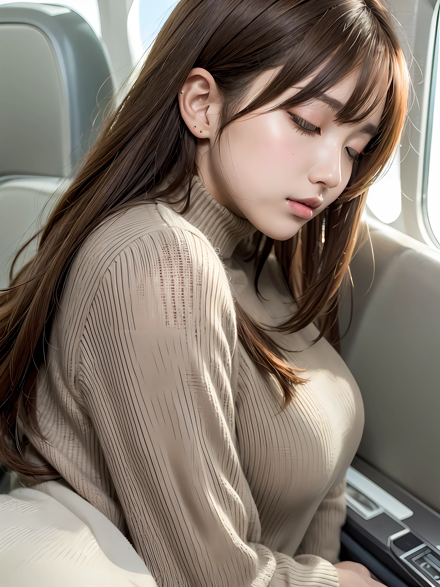 product quality, 1 girl per 1 photo, cowboy shot, side view, a Japanese young pretty girl, long bob hair, napping in the window seat of an airplane, closing eyes, wearing a long sleeves white turtleneck sweater, denim pants, hyper cute face, glossy lips, double eyelids for both eyes, natural makeup, shiny smooth light brown hair of long bob hair, asymmetrical bangs, tanned skin, central image, 8K resolution, high detail, detailed hairstyle, detailed face, cinematic lighting, octane rendering, hyper realistic, perfect limbs, perfect anatomy