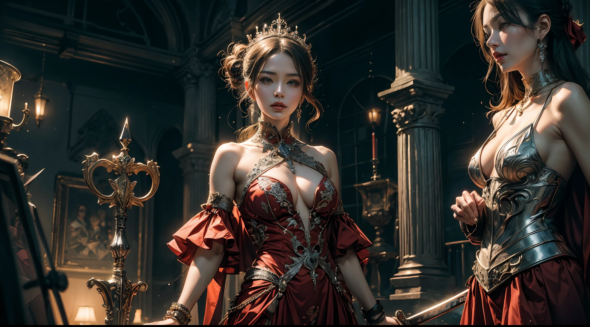 offcial art,统一 8k 壁纸,ultra - detailed,Beauty and aesthetics,high high quality,tmasterpiece,Best quality at best,(zentangle,datura,Tangles,entangled:0.6),chies,angelicales,Blindfolded,Large breasts,Roman dress,holdingsword,Fighting posture,dramatics,Photorealistic, Super detail, Masterpiece, Best quality, A high resolution, 8K,