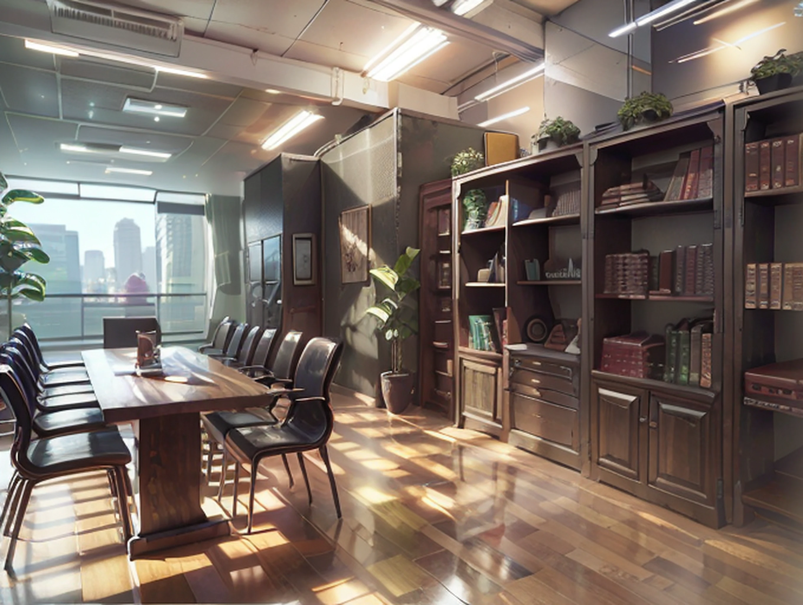 A group of people talking in an office, The law firm features contemporary design furniture, incluindo poltronas estofadas em couro preto e cinza, mesas de centro de vidro temperado com bases cromadas, a solid wood meeting table with black leather chairs and a built-in bookcase with brown leather bound legal books, ambiente bem iluminado, grandes janelas, paisagem urbana