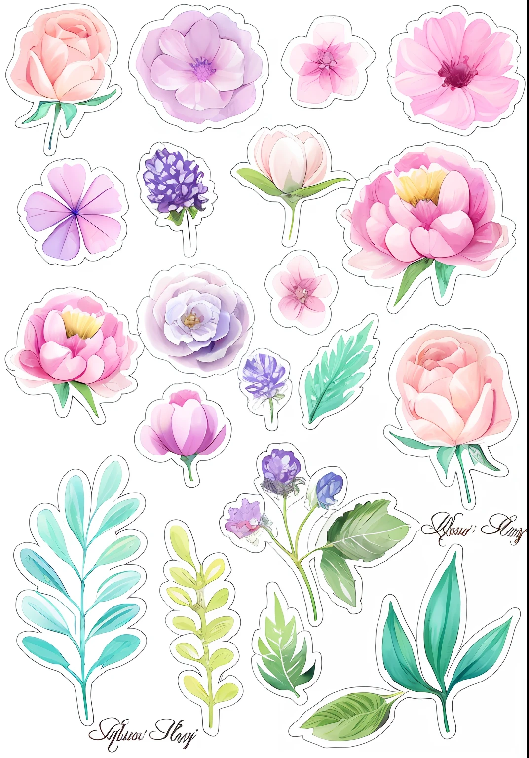 um conjunto de flores e folhas em aquarela, motivos florais, flores detalhadas, adesivos do planner, elementos florais, detalhes florais requintados, Florido, flores irregulares, cada vez mais flores, Jardim delicado sobre papel, flores e folhas de fantasia, flores elegantes, stickers illustrations, flores macias, Adesivos, flores coloridas, Flores e plantas, flores florais coloridas, Detalhes florais