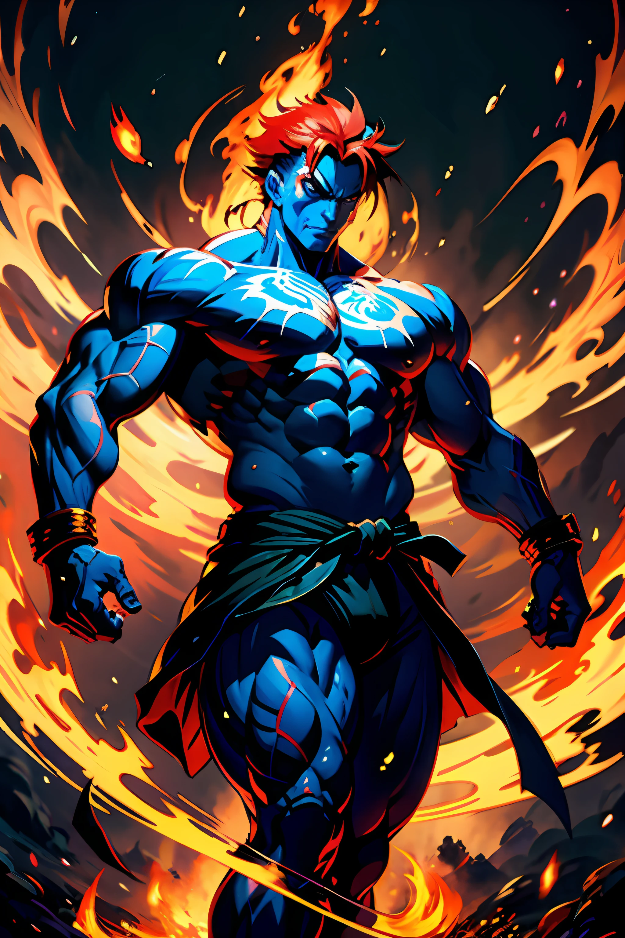 Street Fighter character Akuma as a Renaissence Painting, lean muscles, detailed eyes, perfect eyes, epic , dramatic , fantastical, full body , intricate design and details, cinematic, 8k, detailed face, Dramatic painting,epic paint, whole body