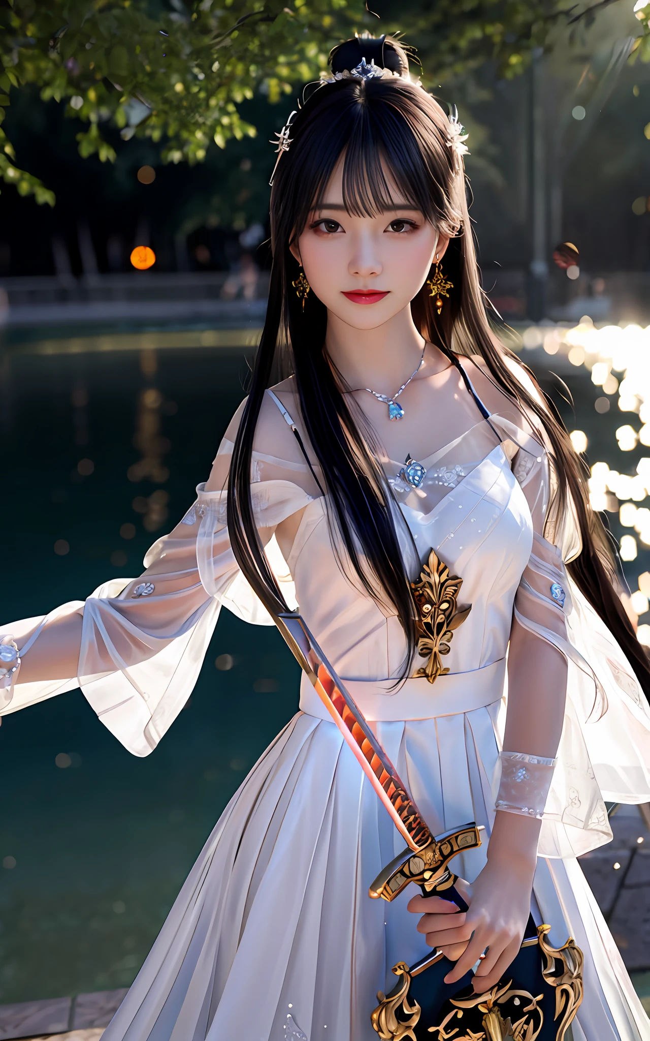 (realisticity: 1.2), best quality, masterpiece, highres, cg,
1girl, weapon, sword, long hair, dress, water, solo, jewelry, white dress, earrings, hair ornament, splashing, upper body super realistis, hair bun, black hair, city bacgraun realistis,
lighting,candid, Photograph, high resolution, 4k, 8k, Bokeh,
