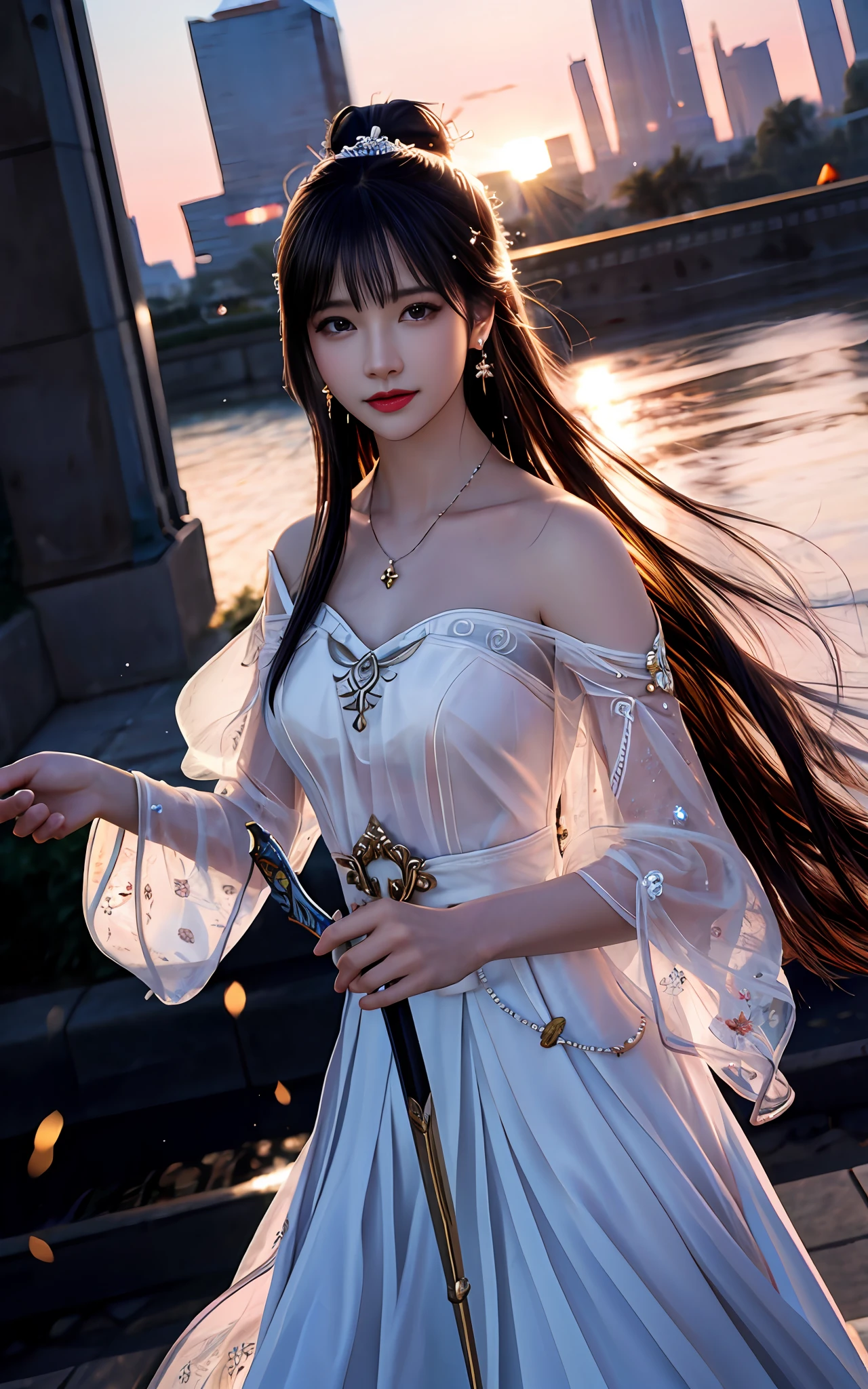 (realisticity: 1.2), best quality, masterpiece, highres, cg,
1girl, weapon, sword, long hair, dress, water, solo, jewelry, white dress, earrings, hair ornament, splashing, upper body super realistis, hair bun, black hair, city bacgraun realistis,
lighting,candid, Photograph, high resolution, 4k, 8k, Bokeh,