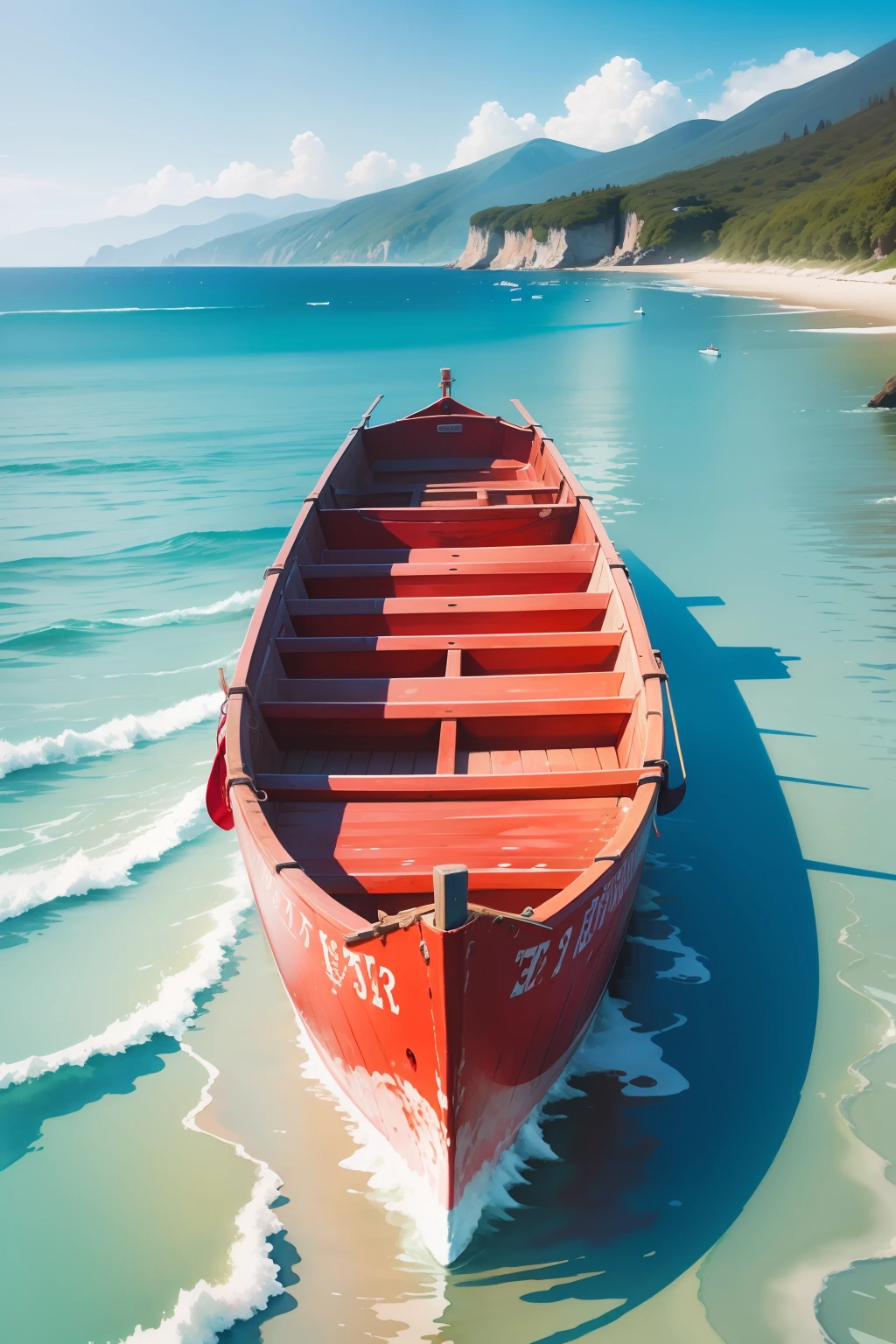 watercolor paiting，Red watermelon boat，Sea rafting，Blue sky，the ocean