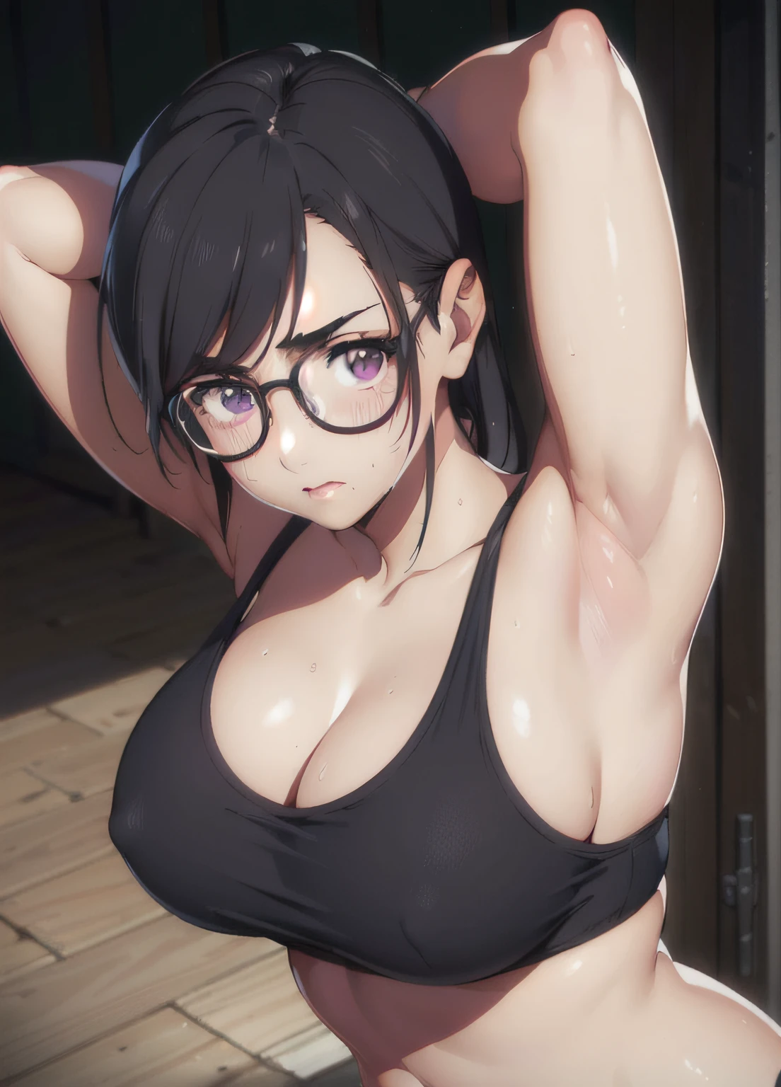 Black-rimmed glasses、Black tank top、gloves、red blush、、Face zoom up、crane_v1, 1girl in, Armpits, beautiful detailed hair, beautiful detailed cold face、view straight on, Close-up of people, Wet、((masutepiece:1.4, Best Quality)), ((masutepiece, Best Quality)), (photographrealistic:1.4) ((Armpits)), (超A high resolution:1.2), ,beautiful girl with beautiful details, Very cute, beautiful girl with beautiful details, professional photography lighting, extremely detailed eye and face, Eyes with beautiful details ,pubick hair,The upper part of the body、barechested、tits out、Takushi、directly in front、teats、(fullnude)、illustratio、masterpiece、top-quality、Side lighting、(realisitic:1.1)、A MILF、A MILF、Beautuful Women、Colossal tits、(abdominals:0.7)、Constriction、wide-hips、(masterpiece、top-quality)、(1 persons)、solofocus、超A high resolution、shinny skin、Lying on your back、 、Arms raised、(NSFW:1), (((masterpiece))), (1girl in), Steaming sweat, hands on own breasts, 、(Curve:1.1)、good lighting、、masterpiece、top-quality、A highly detailed、Highly detailed CG Unity 8K wallpapers、illustratio、((beautifull detailed face))、top-quality、( ((ultra-detailliert )))、high-resolution illustrations、hightquality、hight resolution、Side lighting、((illustrationbest))、hight resolution、flawless、Highly detailed eyes、Perfect litthing、(extremelydetailedCG:1.2)、(Sad face:1.1)、 (red blush:1.3)、