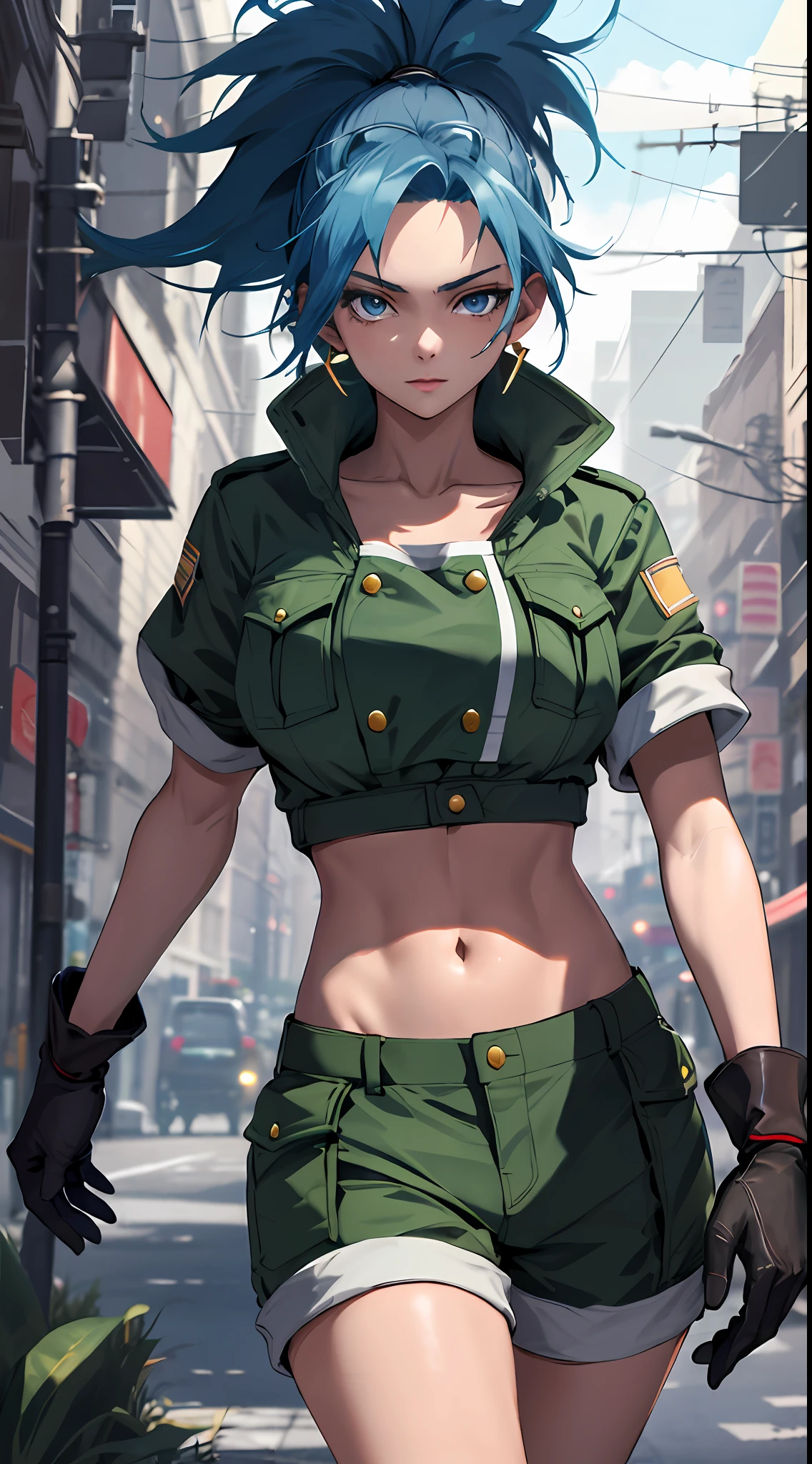 masterpiece,, best quality, highres, 1girl, leona heidern, blue hair, blue eyes, ponytail, green shorts, midriff, crop top, black gloves, breasts, military uniform, green jacket, earrings, jewelry, navel, large breasts, cowboy shot,