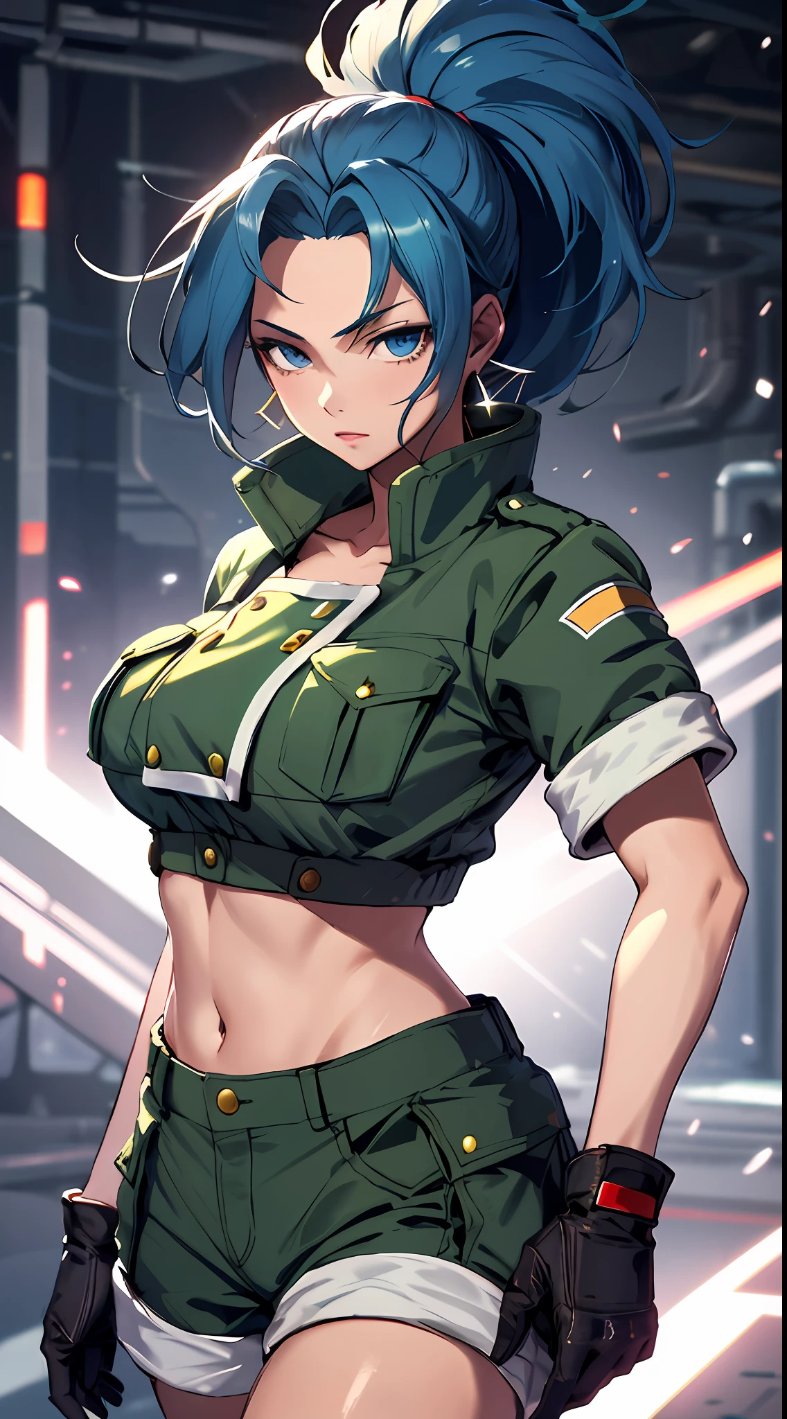 masterpiece,, best quality, highres, 1girl, leona heidern, blue hair, blue eyes, ponytail, green shorts, midriff, crop top, black gloves, breasts, military uniform, green jacket, earrings, jewelry, navel, large breasts, cowboy shot,