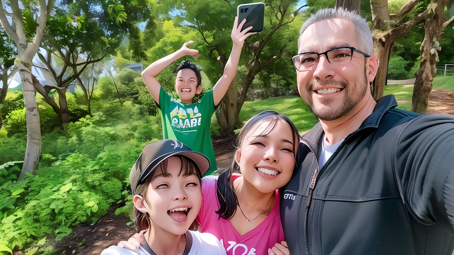 There are three people together in the forest with their arms up, Happy family, imagem do avatar, imagem de perfil, fotografia do perfil, Directed by: Luis Miranda, fotografia de perfil, belos arredores, Foto realista, divertindo-se, fotografia, of a family standing in a park, fotografia selfie, facebook post, Postagem 4k, 4 k post, lindo dia ensolarado, uma imagem