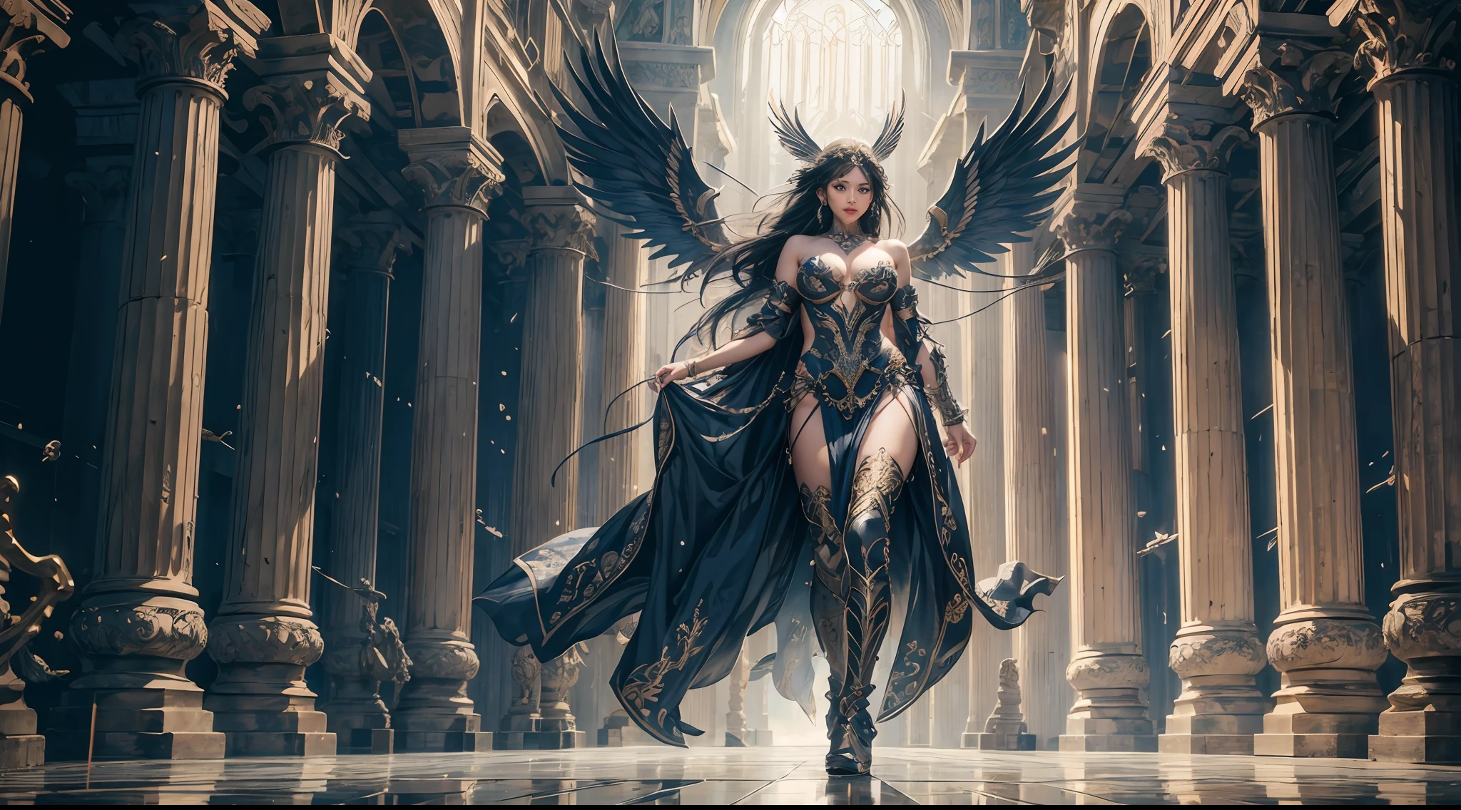 offcial art，统一 8k 壁纸，ultra - detailed，Beauty and aesthetics，high high quality，Valkyrie，tmasterpiece，Best quality at best，（zentangle，datura，Tangles，entangled：0.6），Greek temple，Large breasts，Heavy armor，complex patterns，Fighting posture，dramatics，Photorealistic, Super detail, Masterpiece, Best quality, A high resolution, 8K，full body shot shot，Metal wings