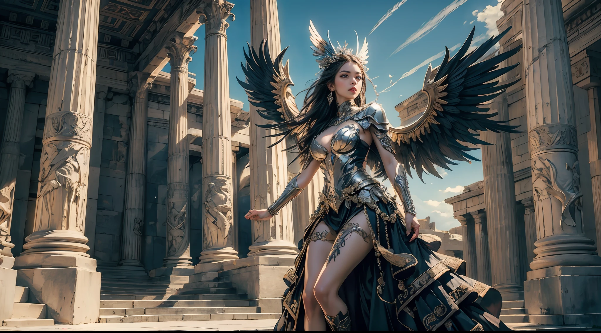 offcial art,统一 8k 壁纸,ultra - detailed,Beauty and aesthetics,high high quality,Valkyrie,tmasterpiece,Best quality at best,(zentangle,datura,Tangles,entangled:0.6),Greek temple,Large breasts,Heavy armor,complex patterns,Fighting posture,dramatics,Photorealistic, Super detail, Masterpiece, Best quality, A high resolution, 8K,full body shot shot,Metal wings