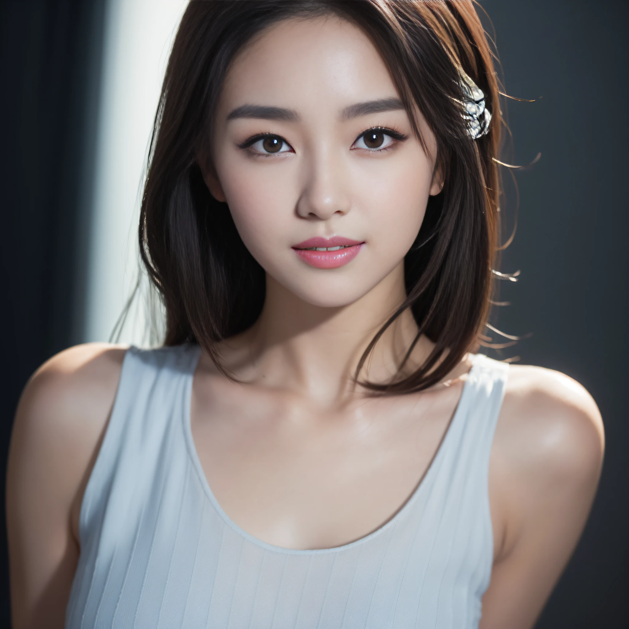 ((best qualtiy、8k masterpieces:1.3))、foco nítido:1.2、(ultra beautiful faces:1.0)、(shinny skin:1.0)、photos realistic、A dark-haired、Video Lighting、High-definition eyes and face、Video Lighting、(Korean Cute Actress)、from the front side、medium breasts、ssmile、Sleeveless、Slender Abs Beauty、medium-full shot