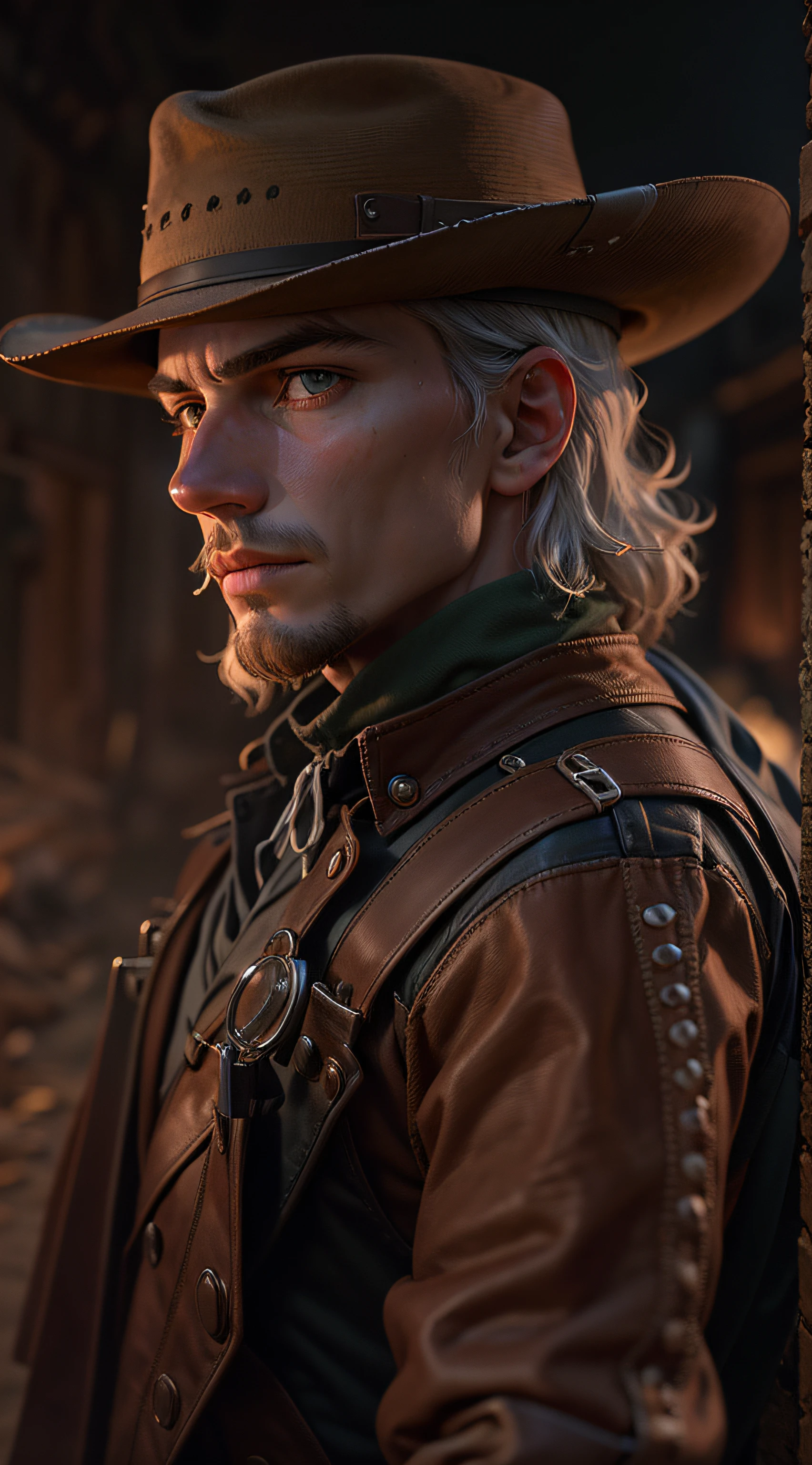 Billy the Kid, Vaquero macho, Brown cowboy hat, with gun and whip, warm tones, traje sucio, pants, Redemptina Roja Muerta 2, Arte surrealista, Anaglifo, Estereograma, Tachi-E, Pov, atmosphric perspective, 8k, Super detail, curar, La mejor calidad, Arte moderno, perfect photography, Encuadre perfecto, cuerpo natural, Trazado de rayos, RTX, 8k, Fotos RAW, highest qualityr, Obra maestra: 1.7, realista, fotorrealista: 1.9 Paisaje oscuro, Photograph by Christopher Nolan, Figura perfecta: 1.4, Capas, Textura facial y de piel altamente detallada, ojos detallados, 二重まぶた, Un hombre, Manos perfectas, Motor Unreal 5, fotorrealista, Caballo futurista, La ropa de vaquero tiene, occidental, Serie WestWorld, Smith Wesson 38 futuristic revolvers, 5 dedos en cada mano un sombrero