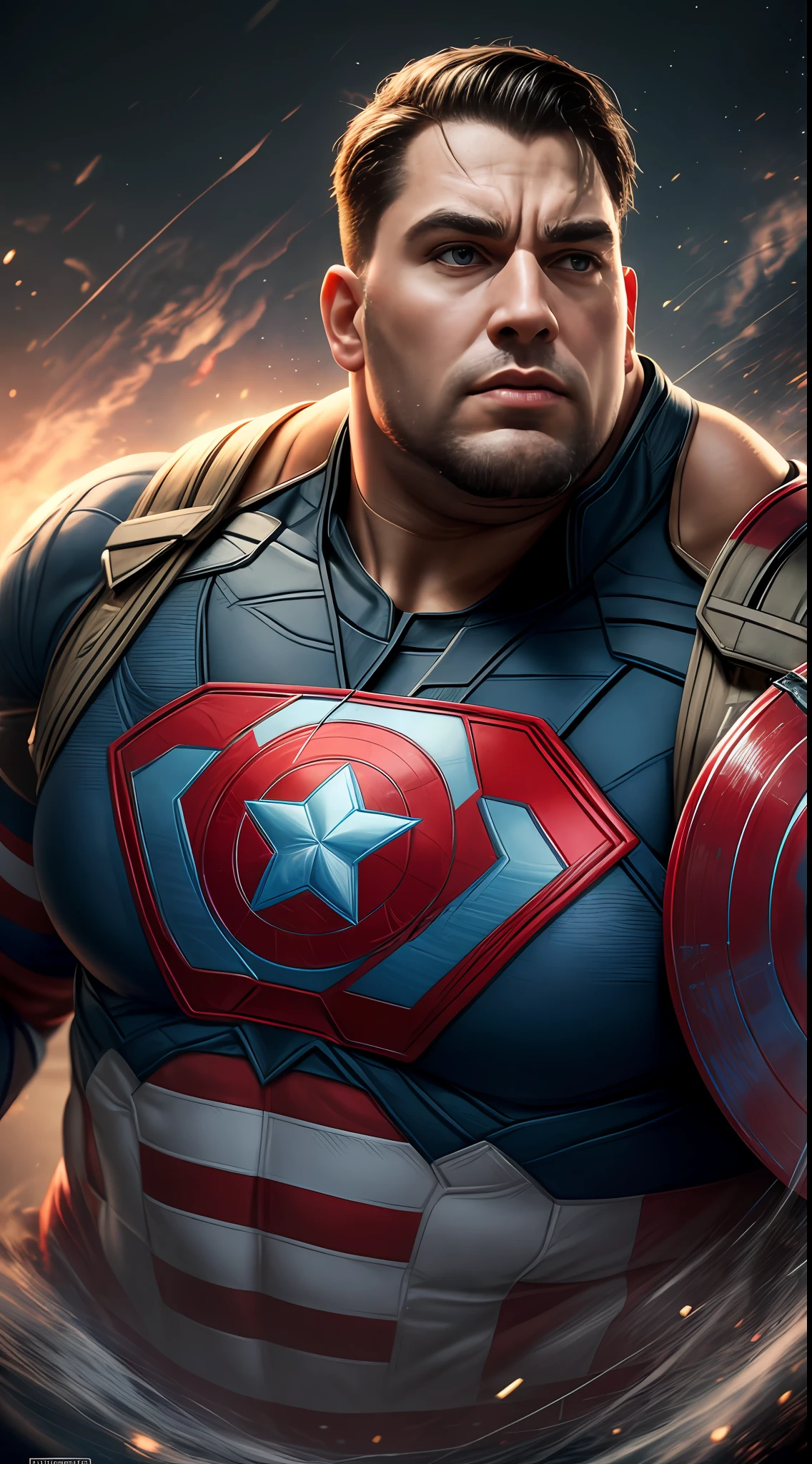 1 fat man, captain america,charachter, beautiful, devian art, trending artstation, digital art, detailed, realistic,fat the rock from wwe smackdown,character,cinematic sho ,cinematic lights, superman, high textures, high resolution, dreamlikeart, 8k, highly detailed