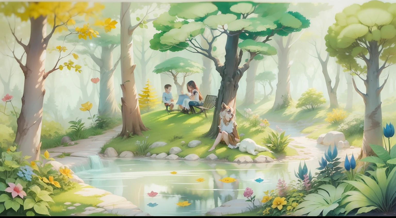 um bosque encantado, tema infantil, em aquarela