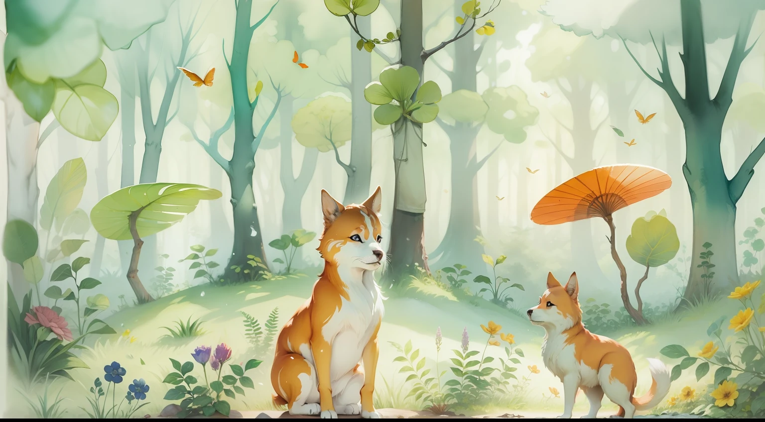 um bosque encantado, tema infantil, em aquarela