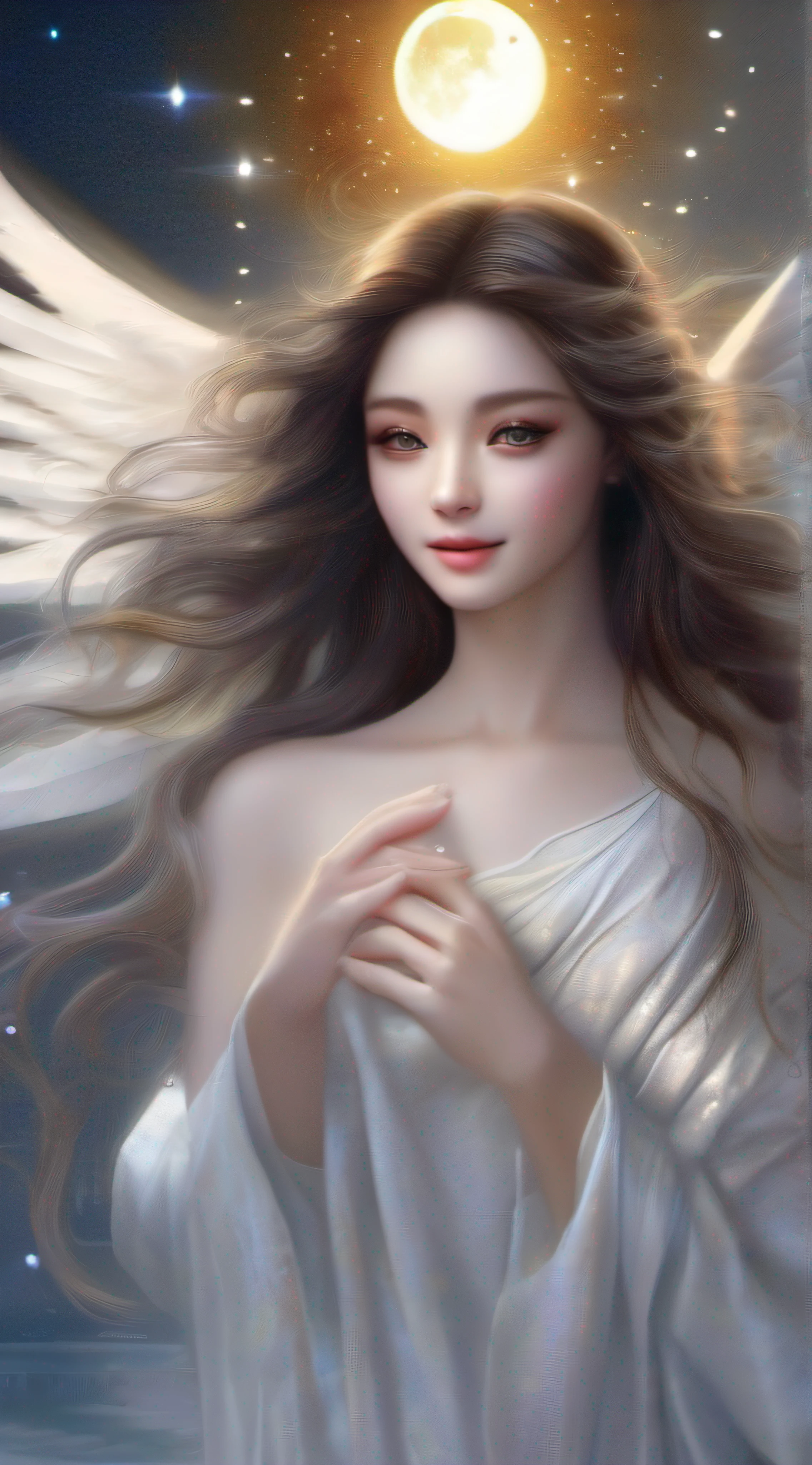 Beautiful Angel、fullmoon、Twinkle light、a smile、Healed by the light of the moon、Moonshine bath、A meditative、blissful、Thanks、tenderness、perfect  eyes、face perfect、top-quality、​masterpiece、Fantasyart