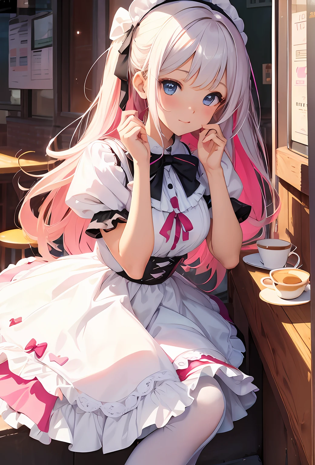 best qualityer,tmasterpiece,Ultimate resolution,downy,Extremely colorful,Colorful,Big high school girl,Lolita long dress, white stockings,Wedge sandals,Cafe background,closeup of face