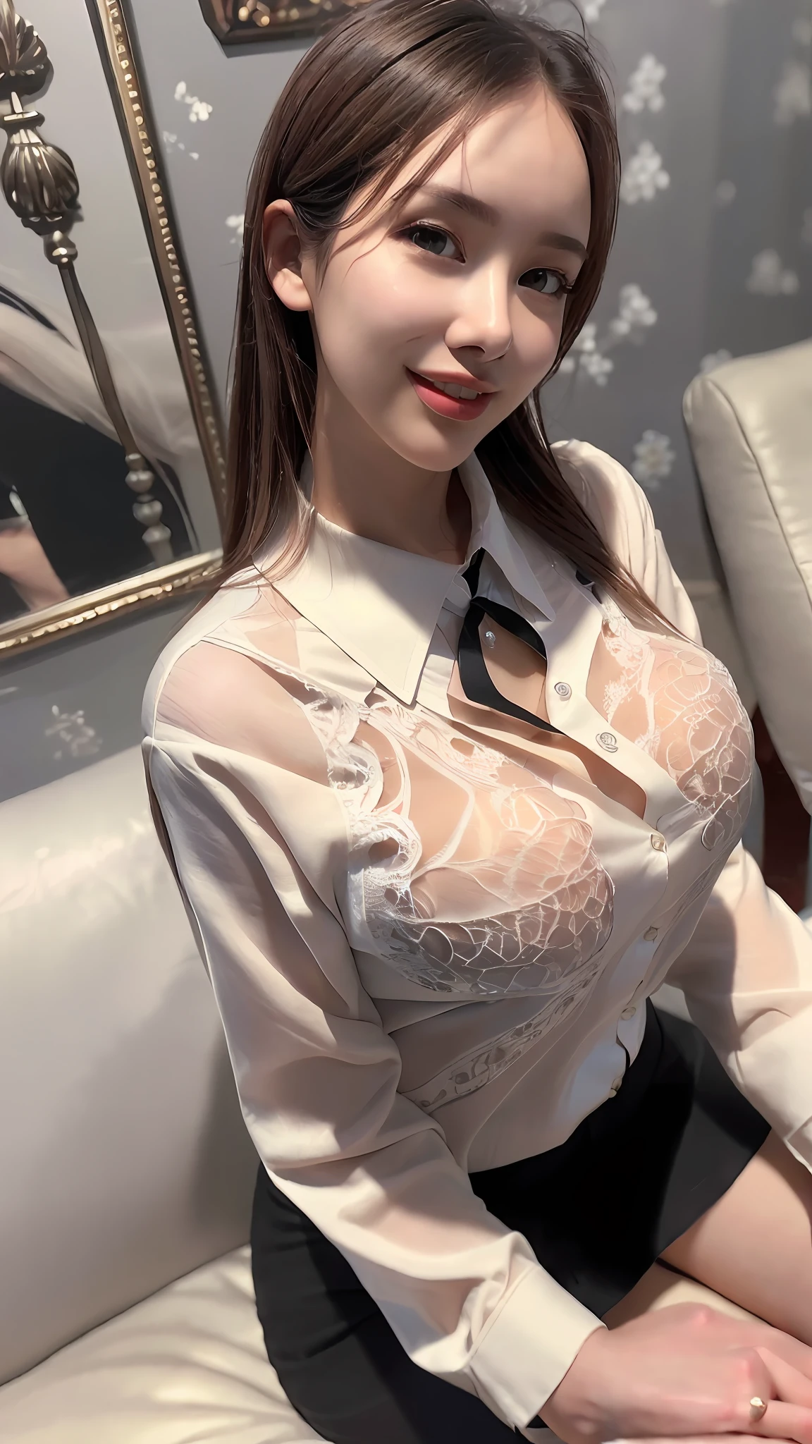 (8K, Best quality, Masterpiece:1.2), (Realistic, photo-realistic:1.37), Ultra-detailed, 1 girl,Solo,Beautiful detailed sky,Detailed Cafe,Night,Sitting,dated,(nose blush),(Smile:1.15),huge tit,Beautiful detailed eyes,(Collared shirt:1.4),Wet,Business attire, rain,White lace,Floating hair NovaFrogStyle,