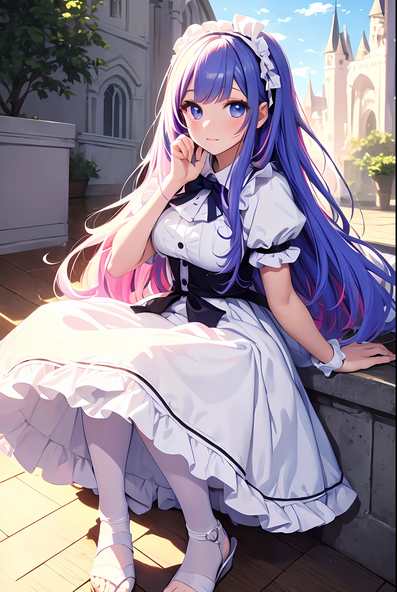 best qualityer,tmasterpiece,Ultimate resolution,downy,Extremely colorful,Colorful,Big high school girl,Lolita long dress, white stockings,Wedge sandals,Castle background,closeup of face