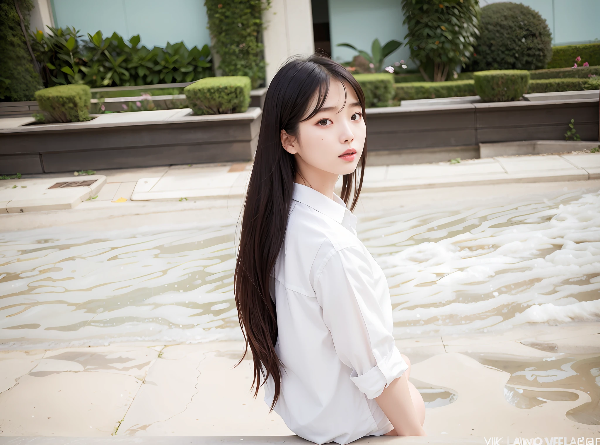 There was a woman sitting on a bench in a white shirt, Asian girl with long hair, With long hair, ulzzangs, jaeyeon nam, Korean girl, taken with canon eos 5 d mark iv, Beautiful young Korean woman, beautiful Korean women, Gorgeous young Korean woman, portrait of female korean idol, taken with canon 5d mk4, bae suzy