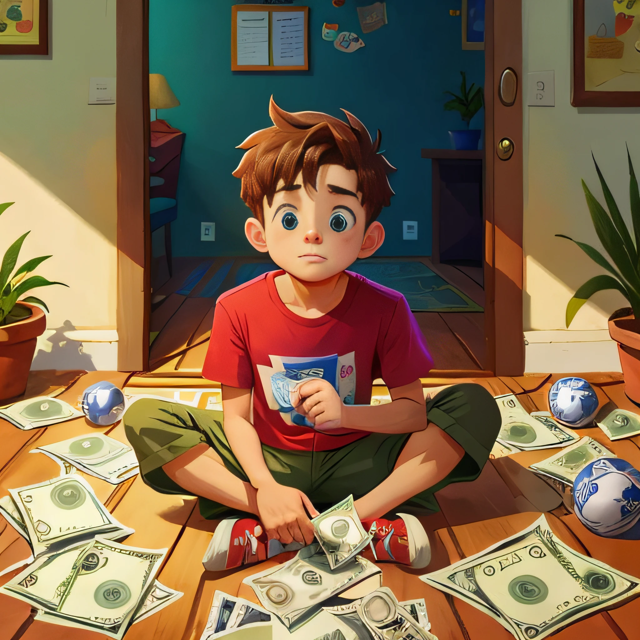 Luke sitting on the floor of his house, with money in your hand, e seu cofrinho em sua frente