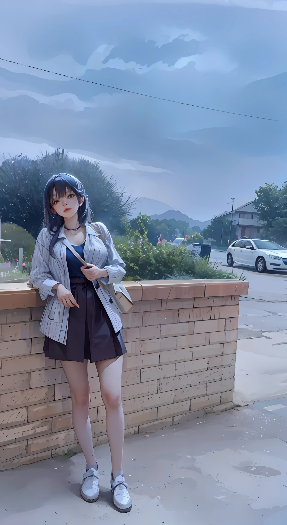 There was a woman standing on the sidewalk with her mobile phone, Realistic anime 3 D style, Anime style. 8K, anime realism style, realistic anime artstyle, Photorealistic anime, Surrealism female students, Anime girl in real life, Surrealism female students, style of anime4 K, Guviz-style artwork, Casual pose,((tmasterpiece,best qualtiy)),illustratio,Ultra-detailed 8K,Photorealsitic,Clear focus,A highly detailed,Professional lighting,Colorful detailed,Rainbow color BREAK factory super long shot,with light glowing,Complicated details,Shitu-mecha,1girl stands in front of the audience,nabel