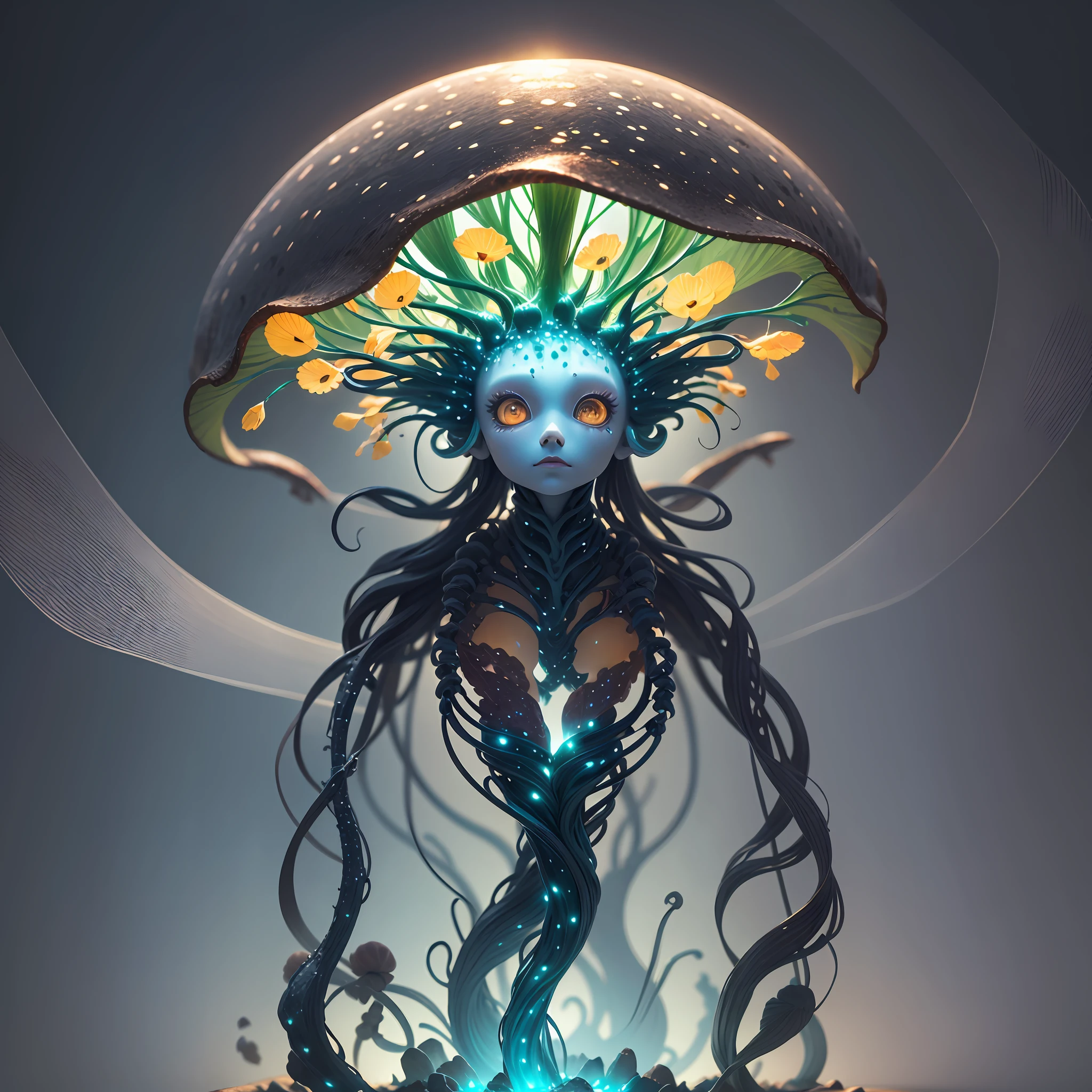 Generate images of creatures with humanoid body structures, But mainly composed of fungal elements. Its head resembles a big head, Dome-shaped crystal spring flower mushroom cap, fanciful, Colorful, Decorated with a luminous speckled pattern. Its arms are long, Flexible tendrils sprout from the shoulders, Able to be as vertical as a human hand. And not legs, It has a single, Thick, The stem is rooted in the ground. Its face is a small cluster, Bioluminescent spheres embedded in the bottom of the lid, Arranged in a way reminiscent of human facial features. photo-realism, ultra - detailed, 4K, A high resolution