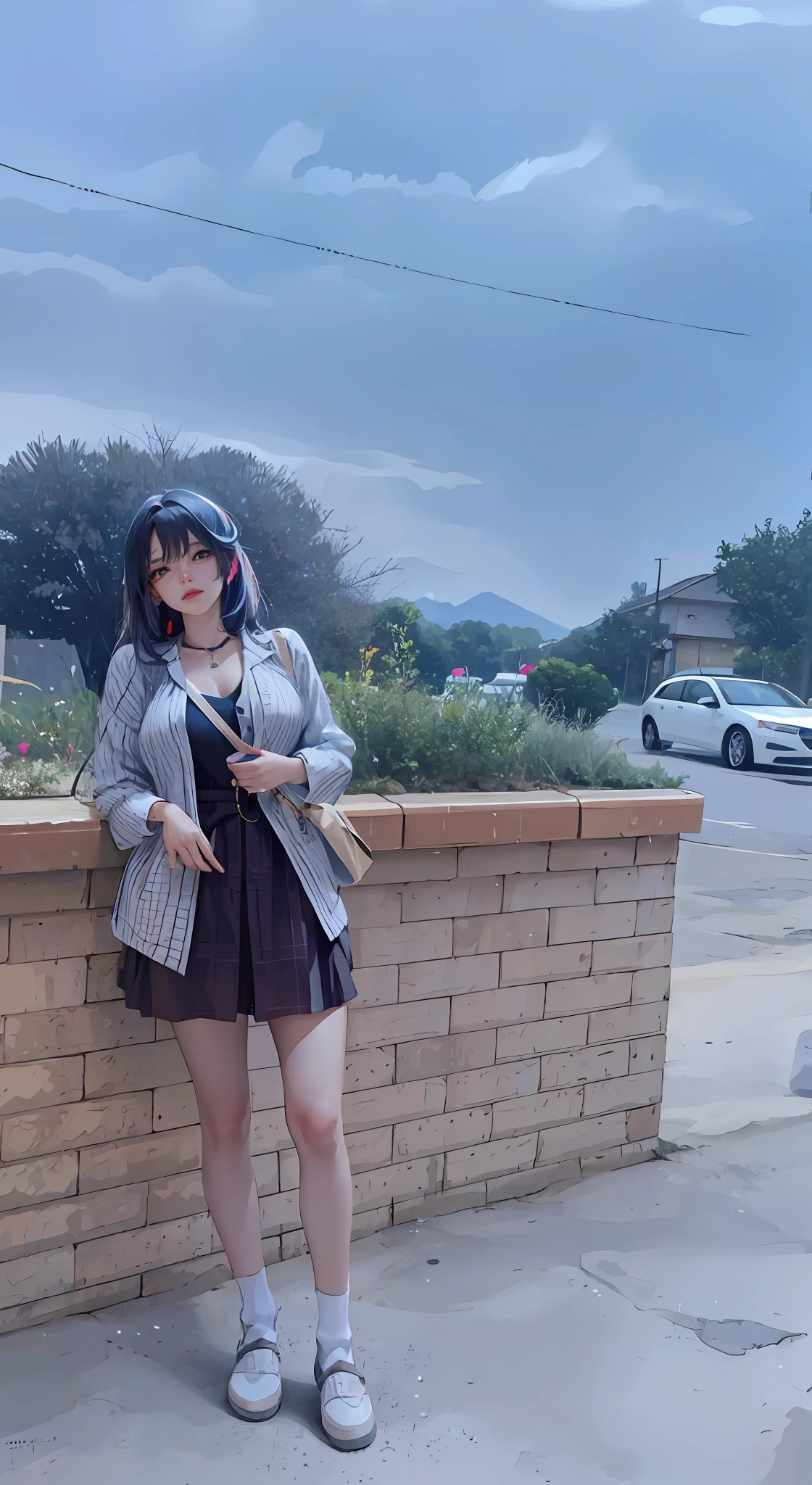 There was a woman standing on the sidewalk with her mobile phone, Realistic anime 3 D style, Anime style. 8K, anime realism style, realistic anime artstyle, Photorealistic anime, Surrealism female students, Anime girl in real life, Surrealism female students, style of anime4 K, Guviz-style artwork, Casual pose，（（tmasterpiece，best qualtiy）），illustratio，Ultra-detailed 8K，Photorealsitic，Clear focus，A highly detailed，Professional lighting，Colorful detailed，Rainbow color BREAK factory super long shot，with light glowing，Complicated details，Shitu-mecha，1girl stands in front of the audience，nabel