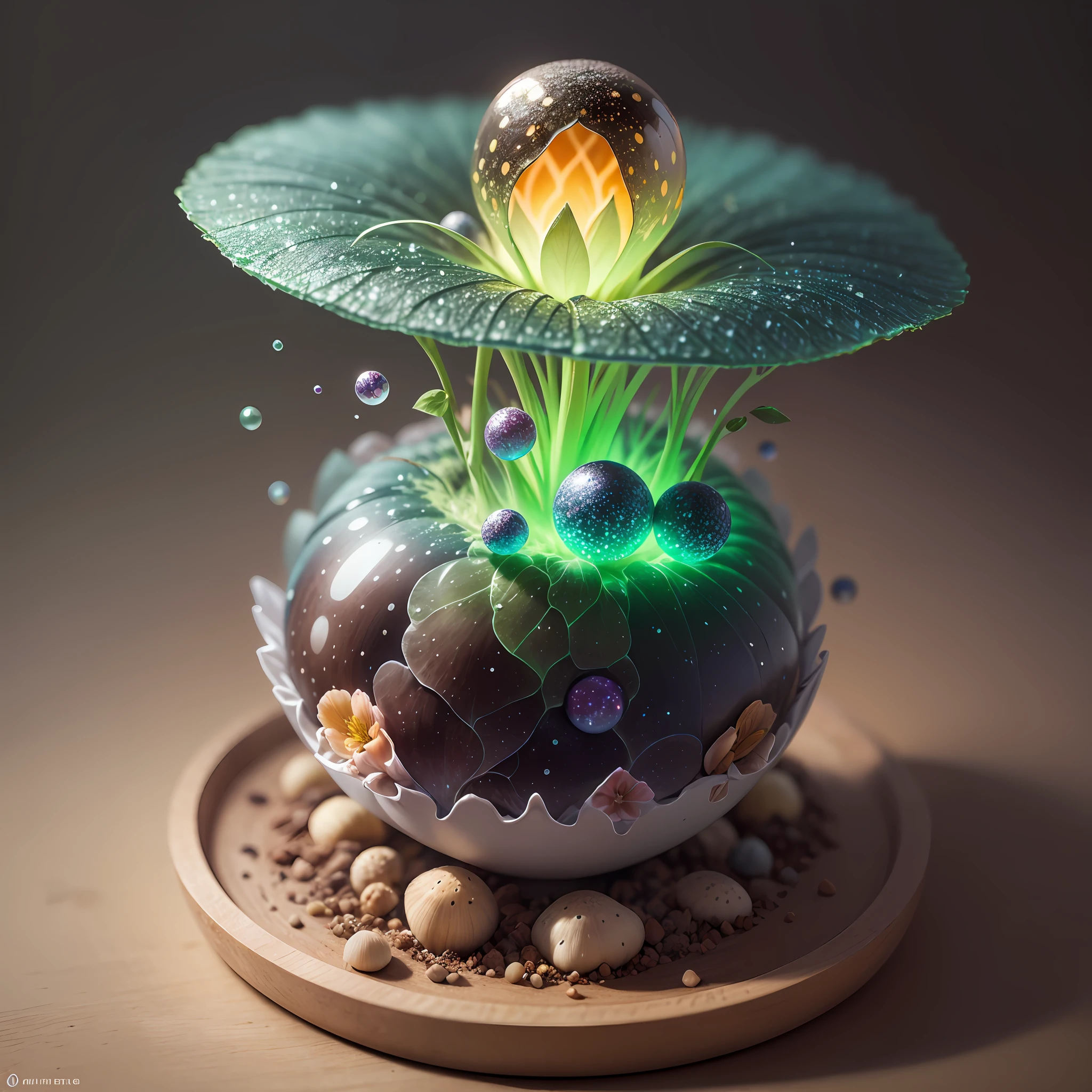Generate images of creatures with humanoid body structures, But mainly composed of fungal elements. Its head resembles a big head, Dome-shaped crystal spring flower mushroom cap, fanciful, Colorful, Decorated with a luminous speckled pattern. Its arms are long, Flexible tendrils sprout from the shoulders, Able to be as vertical as a human hand. And not legs, It has a single, Thick, The stem is rooted in the ground. Its face is a small cluster, Bioluminescent spheres embedded in the bottom of the lid, Arranged in a way reminiscent of human facial features. photo-realism, ultra - detailed, 4K, A high resolution
