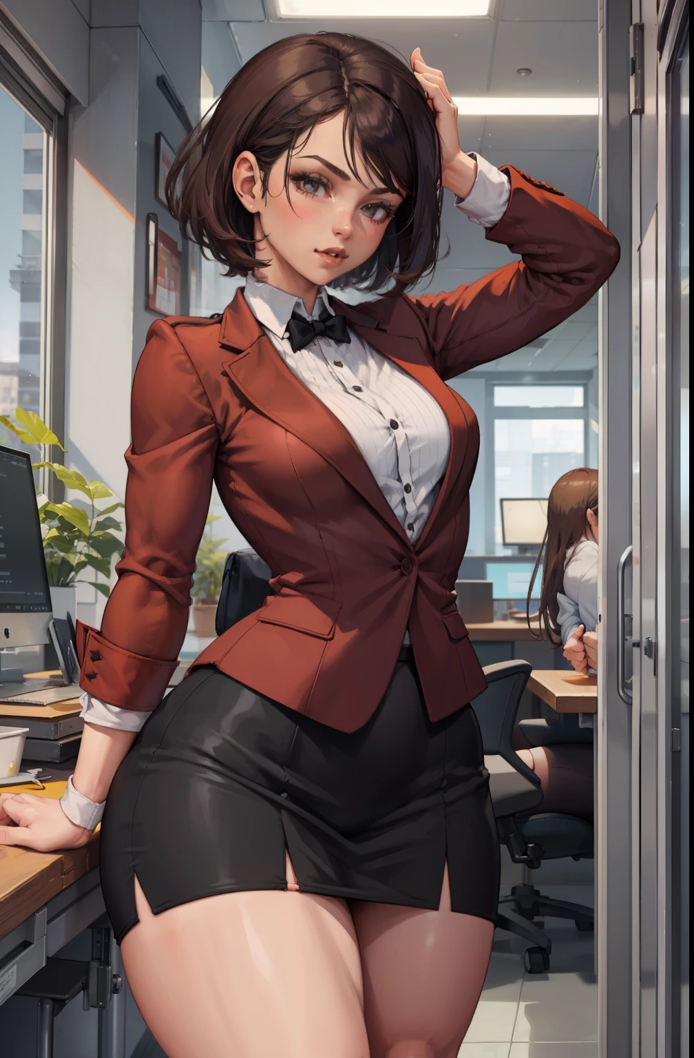 Girl, thick legs, thick hips, small round boobs, in a office, short brown hair, chubby, extremely fat body, full office suit with small skirt