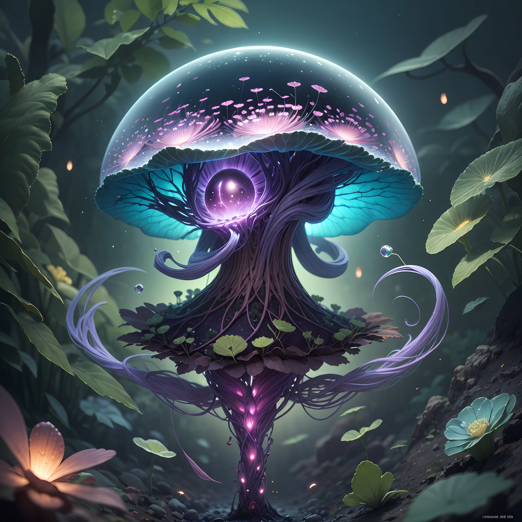Generate images of creatures with humanoid body structures, But mainly composed of fungal elements. Its head resembles a big head, Dome-shaped crystal spring flower mushroom cap, fanciful, Colorful, Decorated with a luminous speckled pattern. Its arms are long, Flexible tendrils sprout from the shoulders, Able to be as vertical as a human hand. And not legs, It has a single, Thick, The stem is rooted in the ground. Its face is a small cluster, Bioluminescent spheres embedded in the bottom of the lid, Arranged in a way reminiscent of human facial features. photo-realism, ultra - detailed, 4K, A high resolution