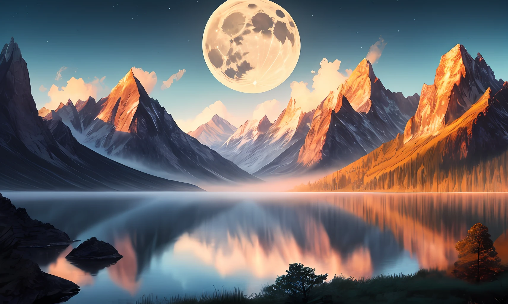 mountains and a lake with a moon in the sky, 4k highly detailed digital art, 4 k hd wallpaper very detailed, impressive fantasy landscape, sci-fi fantasy desktop wallpaper, unreal engine 4k wallpaper, 4k detailed digital art, sci-fi fantasy wallpaper, epic dreamlike fantasy landscape, 4k hd matte digital painting, 8k stunning artwork