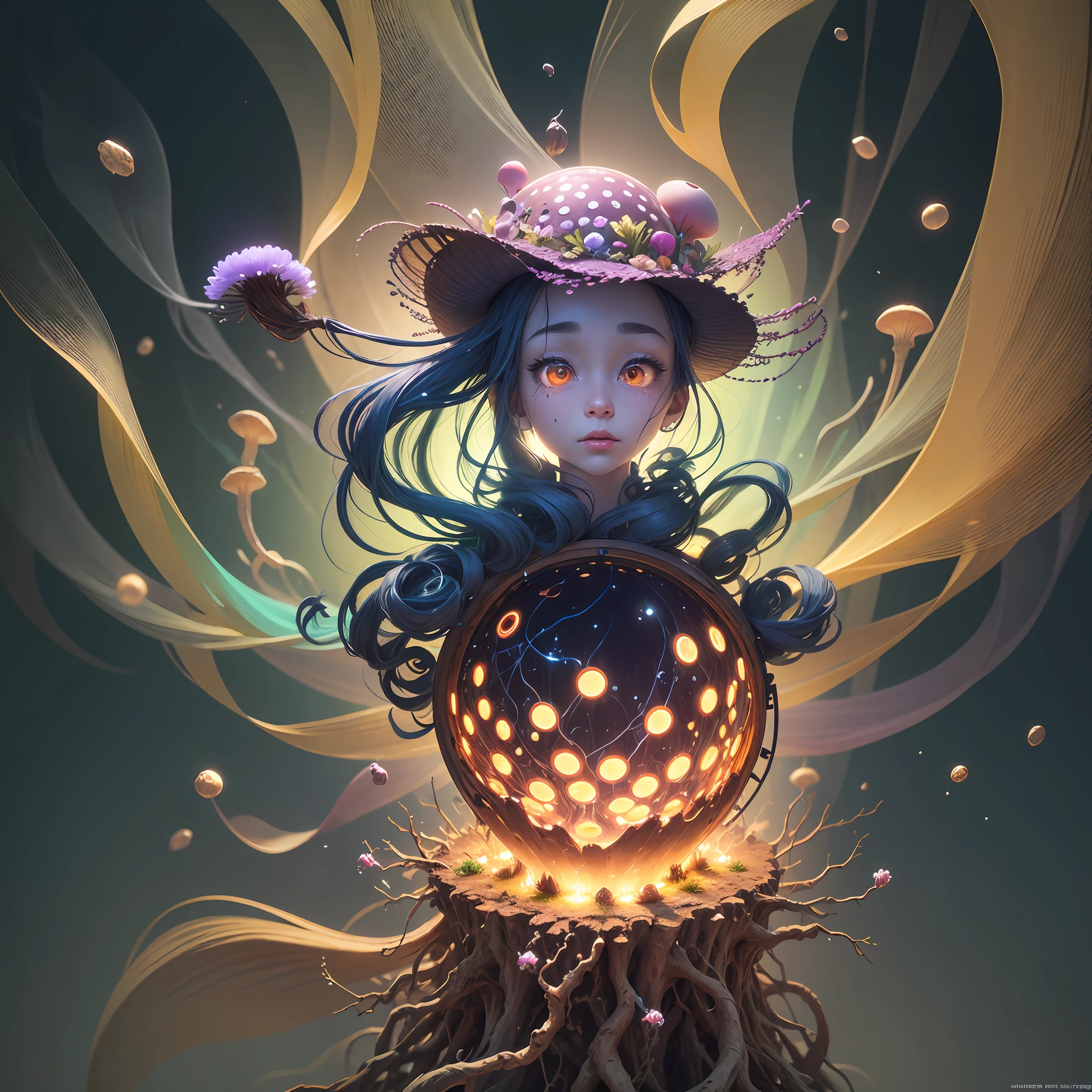 Generate images of creatures with humanoid body structures, But mainly composed of fungal elements. Its head resembles a big head, Dome-shaped crystal spring flower mushroom cap, fanciful, Colorful, Decorated with a luminous speckled pattern. Its arms are long, Flexible tendrils sprout from the shoulders, Able to be as vertical as a human hand. And not legs, It has a single, Thick, The stem is rooted in the ground. Its face is a small cluster, Bioluminescent spheres embedded in the bottom of the lid, Arranged in a way reminiscent of human facial features. photo-realism, ultra - detailed, 4K, A high resolution