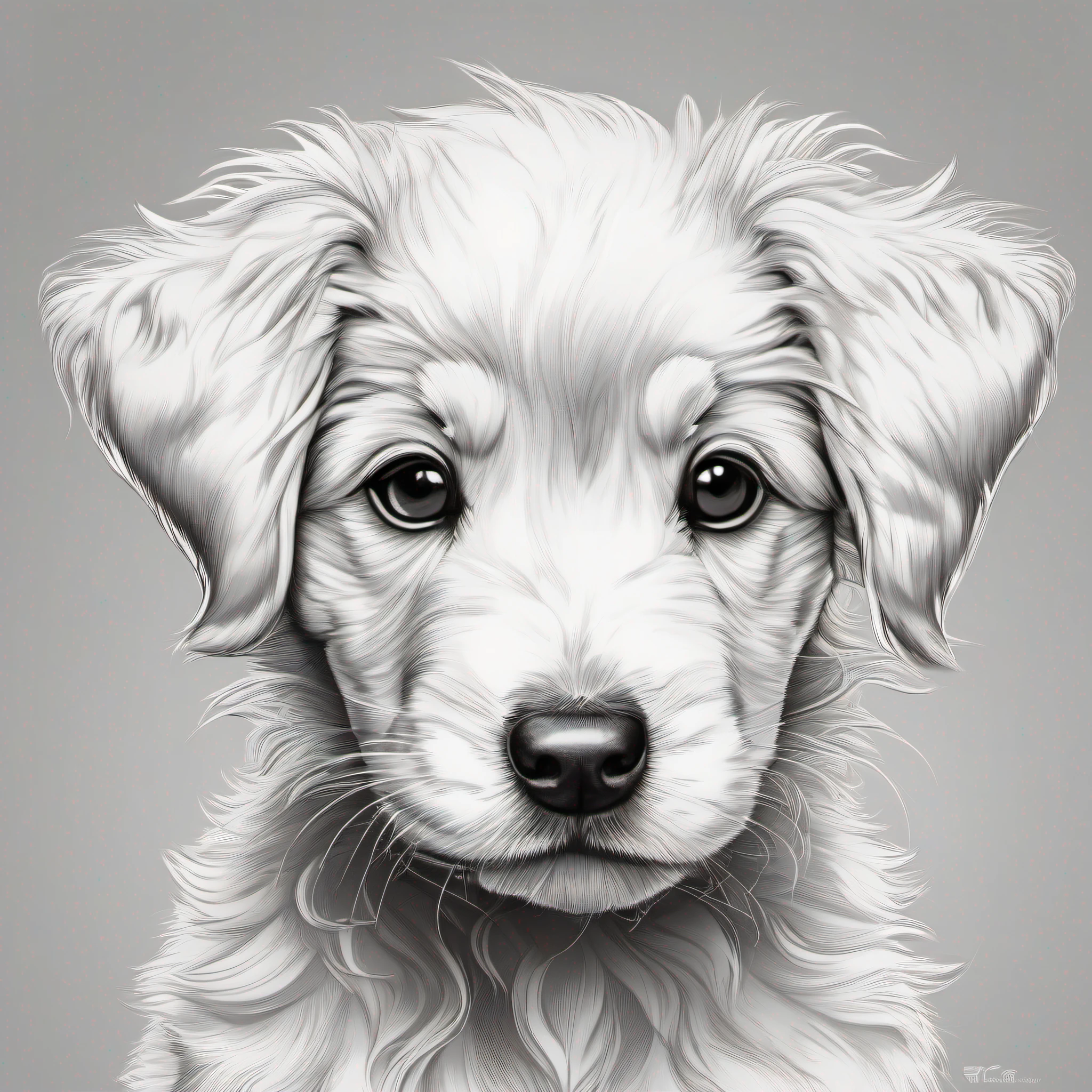 A white puppy, extremely cute , (((((pure white background))))), monochrome, pure black and white, crisp drawing line, the highest quality child coloring book style, modern anime style, an illustration that pays tribute to the iconic styles of Artgerm, Aleksi Briclot, and Charlie Bowater, created in a digital doodle line art style, with ink drawing vector crisp lines, the ultra clean and bold lines found in cutest cartoon styles on [Michael Whelan] with a low level of detail to give it a sharp and clean appearance. The cartoon style is bold and crisp line inspired