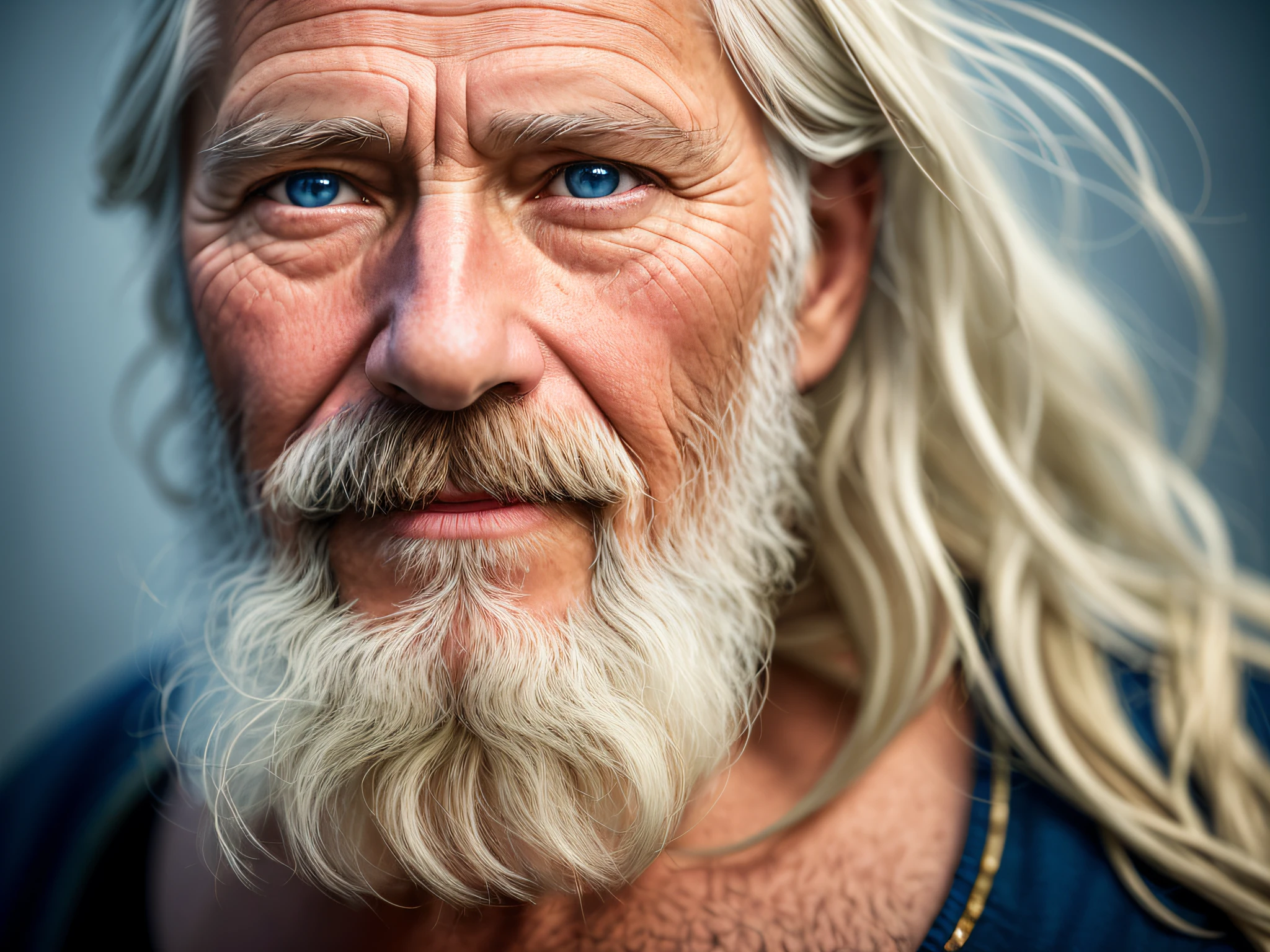 dark theme, ultra resolution, hyper realistic, hdr, absyrdres, cinematic shot, vignette, centered, short DOF,

a closeup portrait of an old man, Scandinavian, looking at camera,
blue old eyes,
short white hair, one braided hair curl, white VIKING BEARD,
missing teeth,
narrow face
dark skin, wide shoulders, weathered by sun and sat water,
royal doublet with gold patterns,

royal chambers

camera focus on an eye, high focal length, dslr, 200mm lens,
photo by Cristina Otero, dark studio, rim lighting, two tone lighting, dimly lit, low key, backlight,