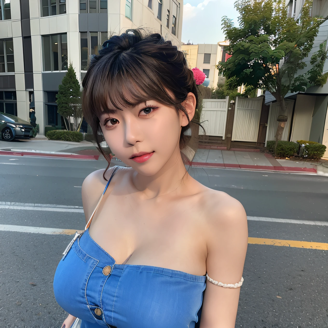 (8K, RAW photo, Best quality, Masterpiece:1.2), (Realistic, photo-realistic:1.37), Best quality, 超高分辨率, nfsw back lights, light  leaks, Dynamic lighting, Slim, Smooth skin,  (PureErosFace_V1:1), Bond, navel, Kpop idol, (Beautiful detailed eyes:1),(Beautiful detailed face:1),(freebuffing:1.2), Outdoors, Ulzzang-6500, 1girll, standing, Upper body, (:1.2), ,  from the front side, Front view,  view the viewer, Huge breasts, arms back behind, street, Sunlight,